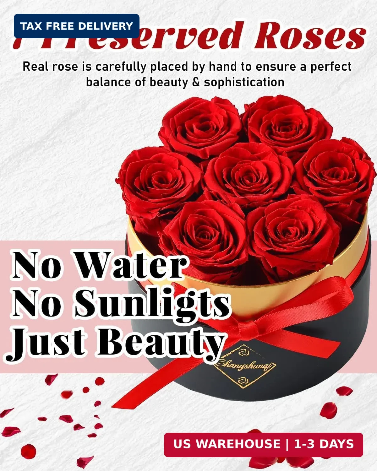 Changshunqi Forever Flowers Preserved Roses in a Box – 7 Preserved Flowers in a