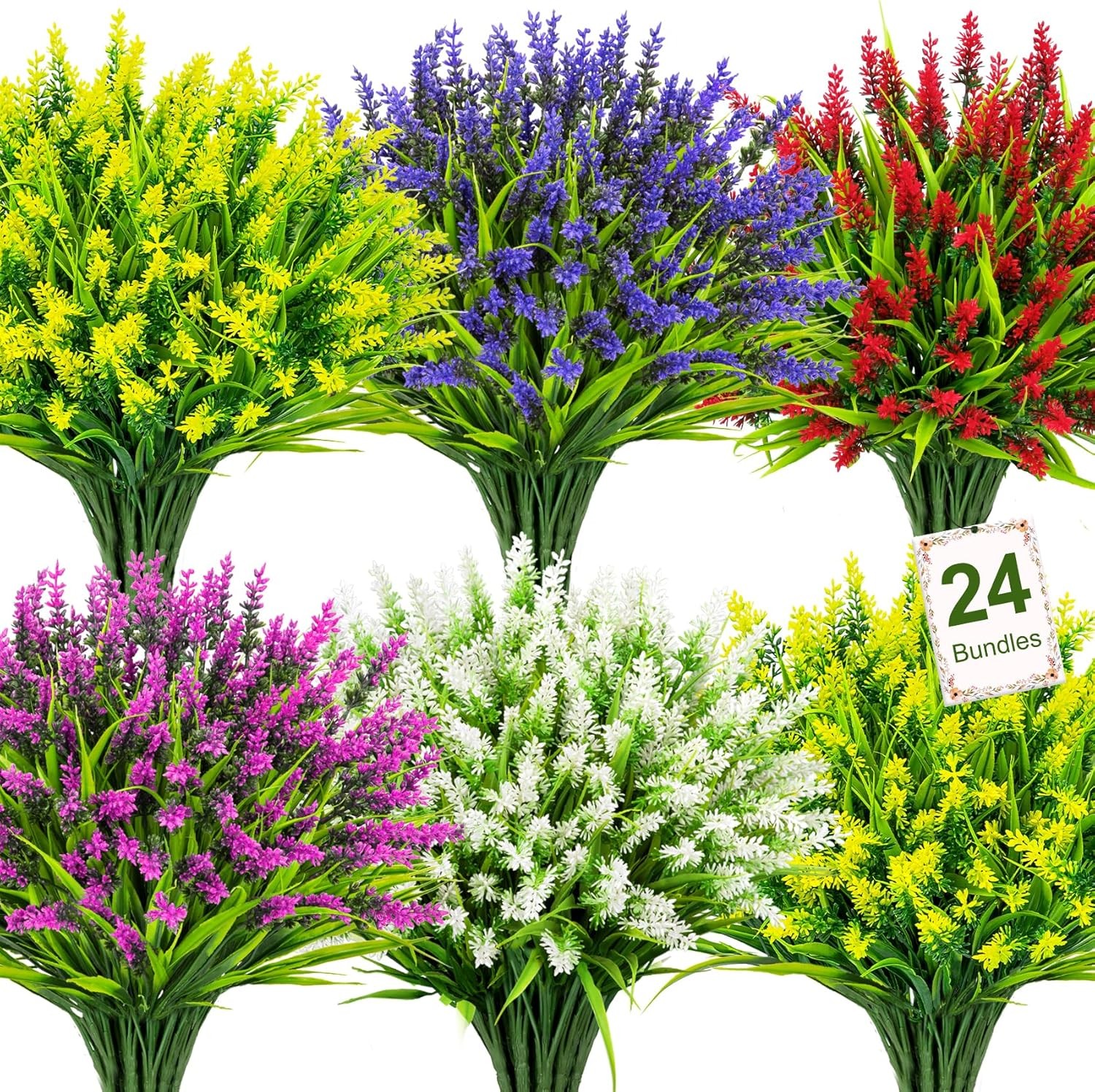 24 Bundles Artificial Flowers for Outdoors Fake Lavender, Mixed | UV resistant,