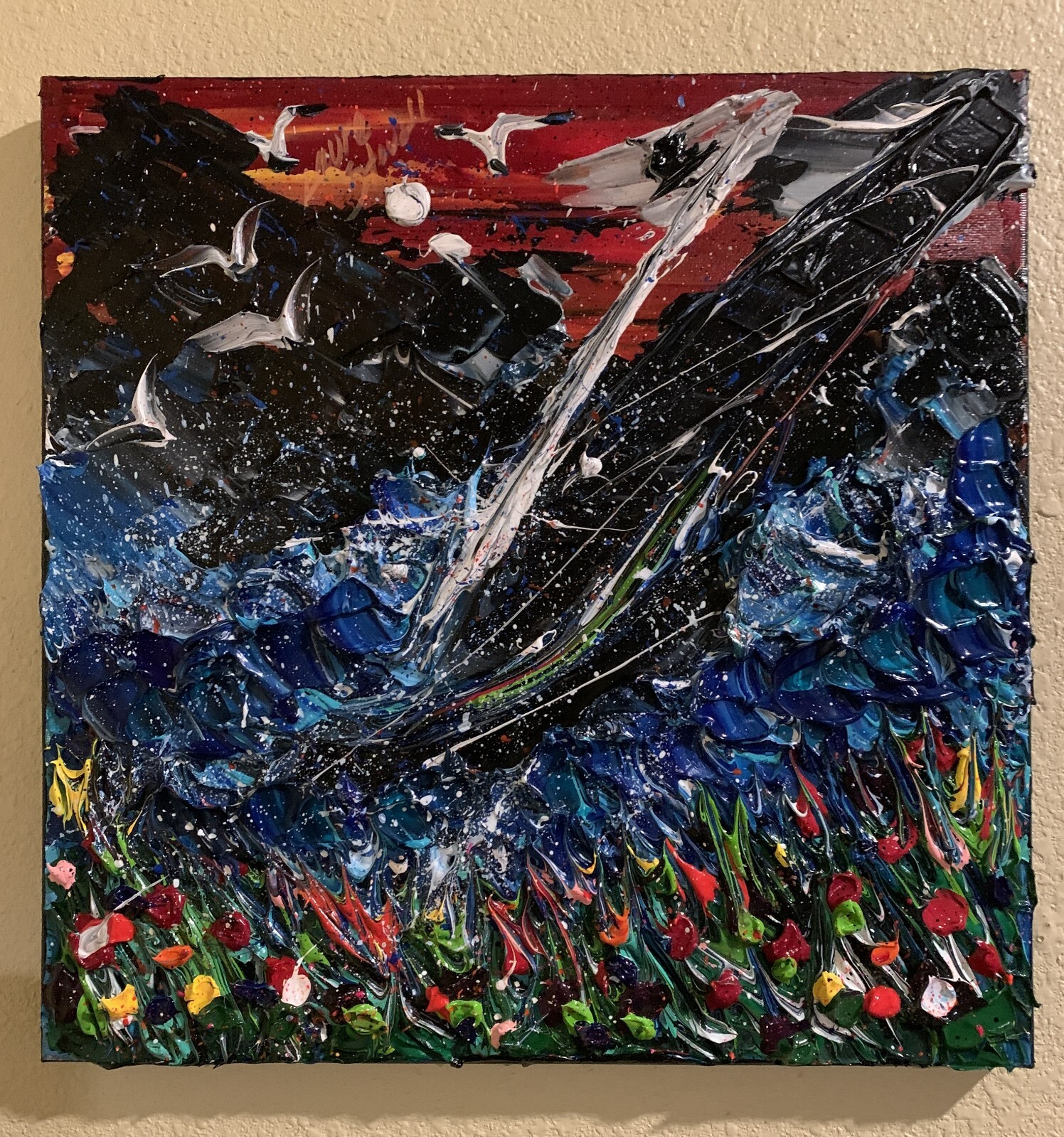 Original 14×14” Abstract Thick Texture Seascape Flower Painting by Laura Stovall