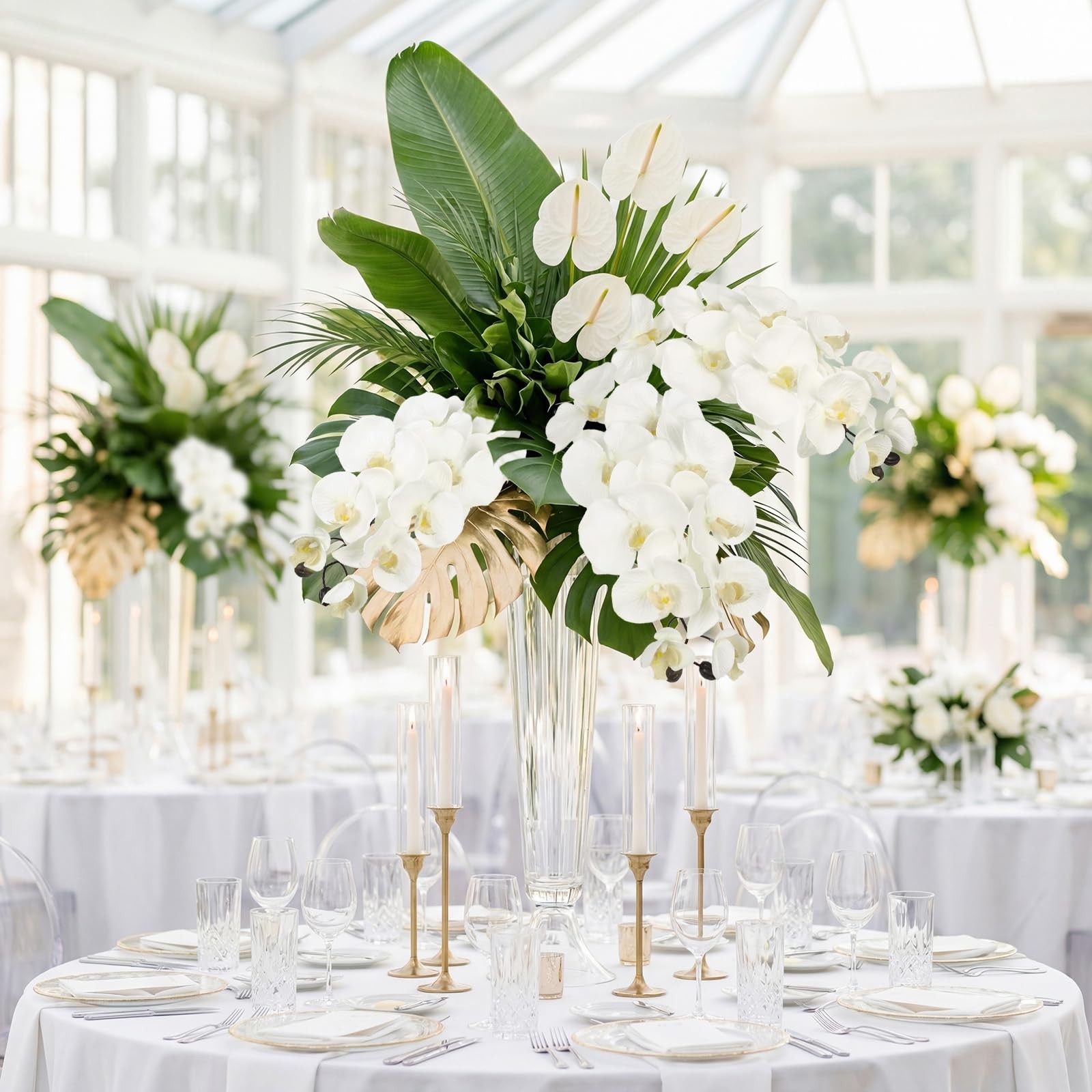 36” White Orchids Artificial Flowers 10 Large Blooms Faux Phalaenopsis Branc…