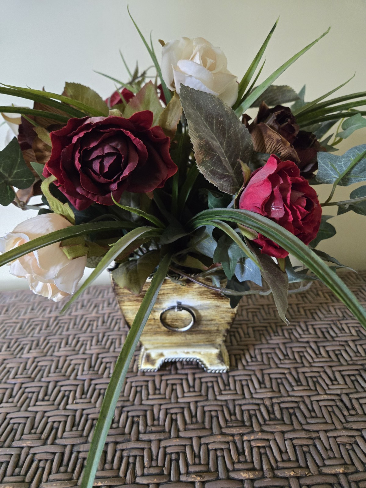 Vintage Rose Floral Arrangement in Footed Metal Pot 12″ Tall Rustic Farmhouse