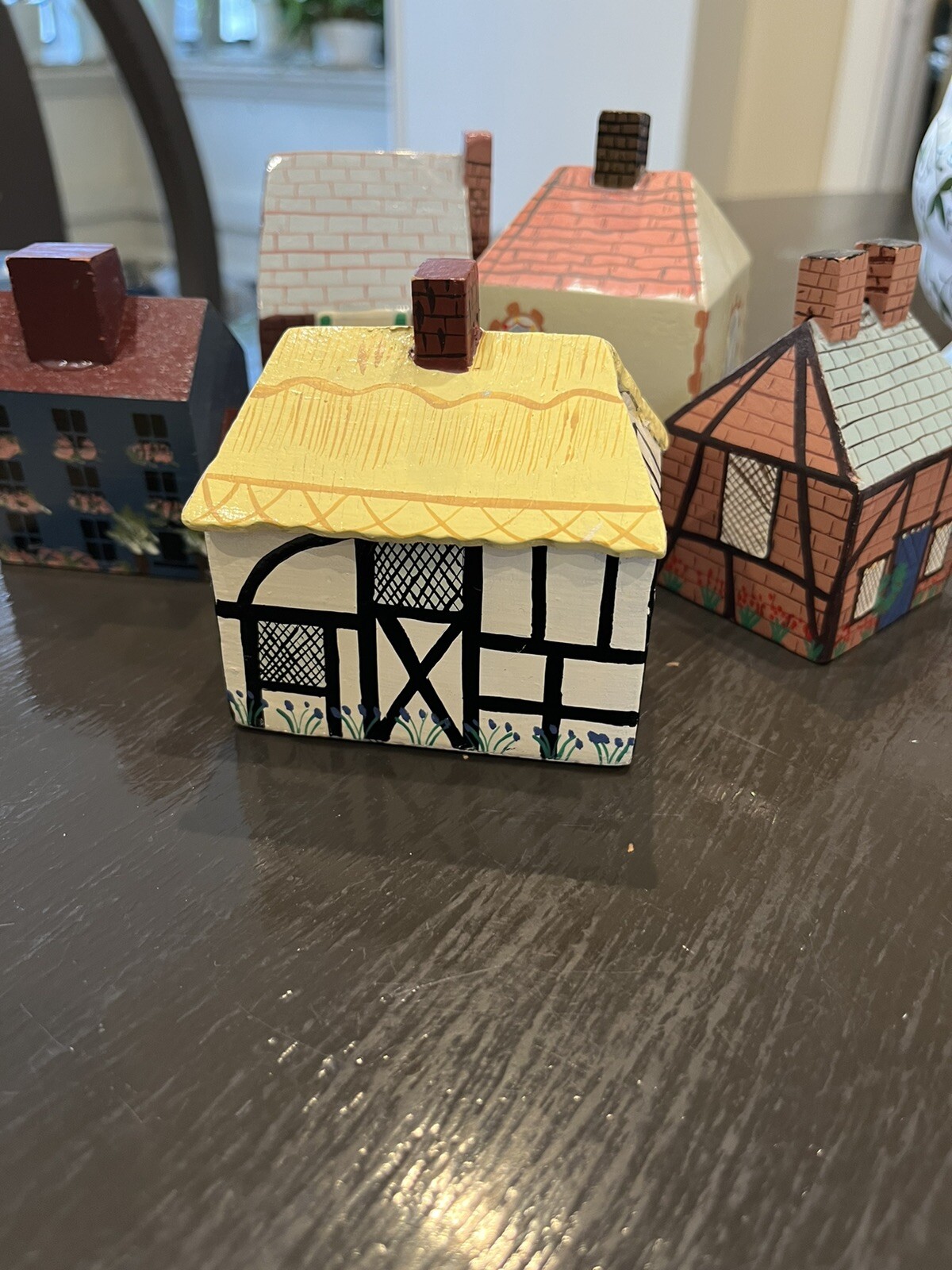 5pc Pier One Imports Handpainted Wood Block Miniature Houses Display Home Decor
