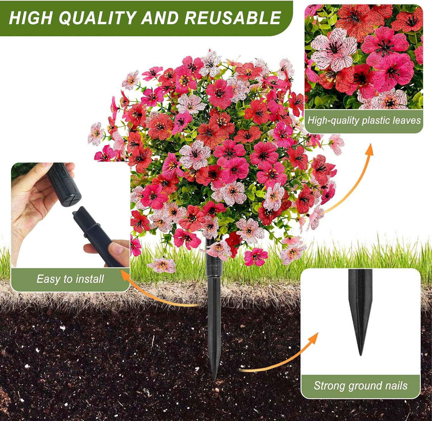 21″ UV Resistant Artificial Flower Bushes – 2 Pack for Outdoor Decor (Red, Pink)