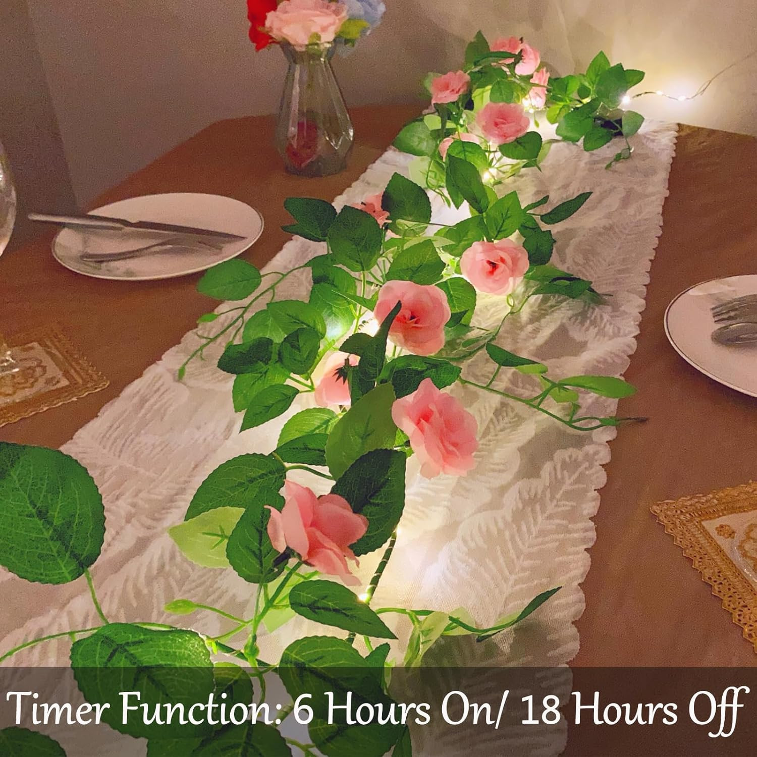70 LED Artificial Rose Flower Garland with Lights Battery Operated with Timer &