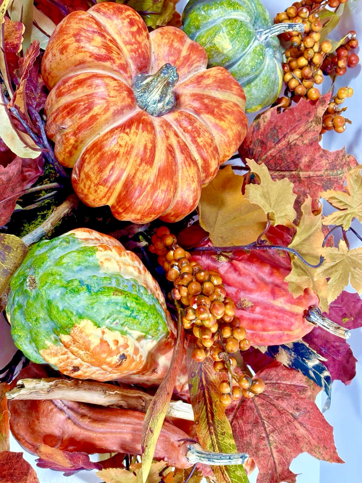 Thanksgiving/Fall Leaves Gourd Centerpiece w/ Twigs Oval Arrangement 19”