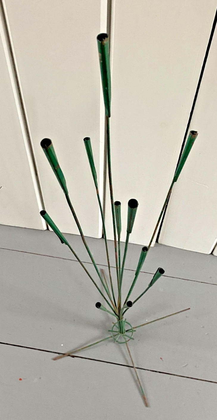 Vtg Rare Green Metal Cattails Grass Flower Frog MCM Kinetic Art Sculpture 37″H