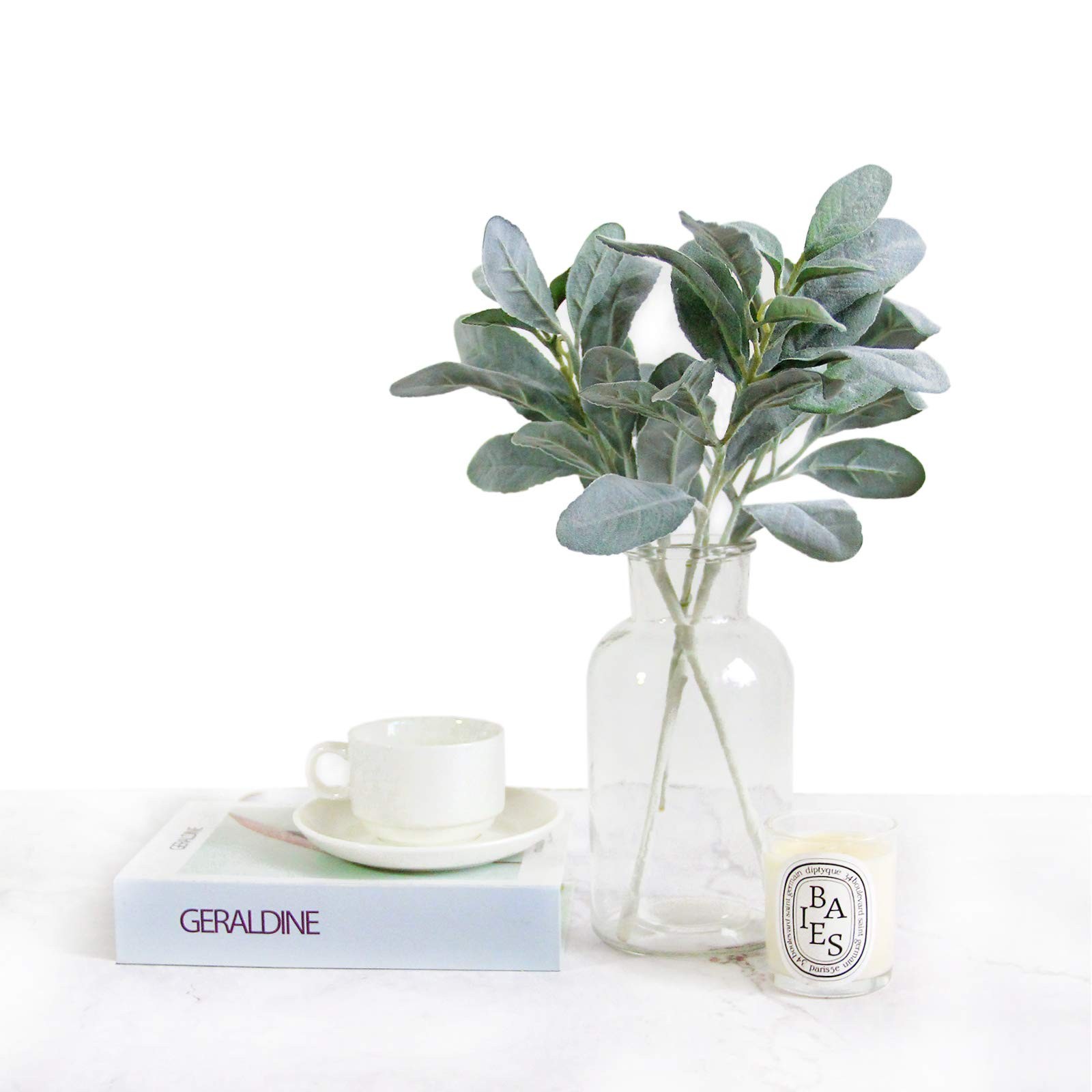 Tinsow Artificial Flocked Lambs Ear Leaves Dusty Miller Stems Flocked Oak Leaves