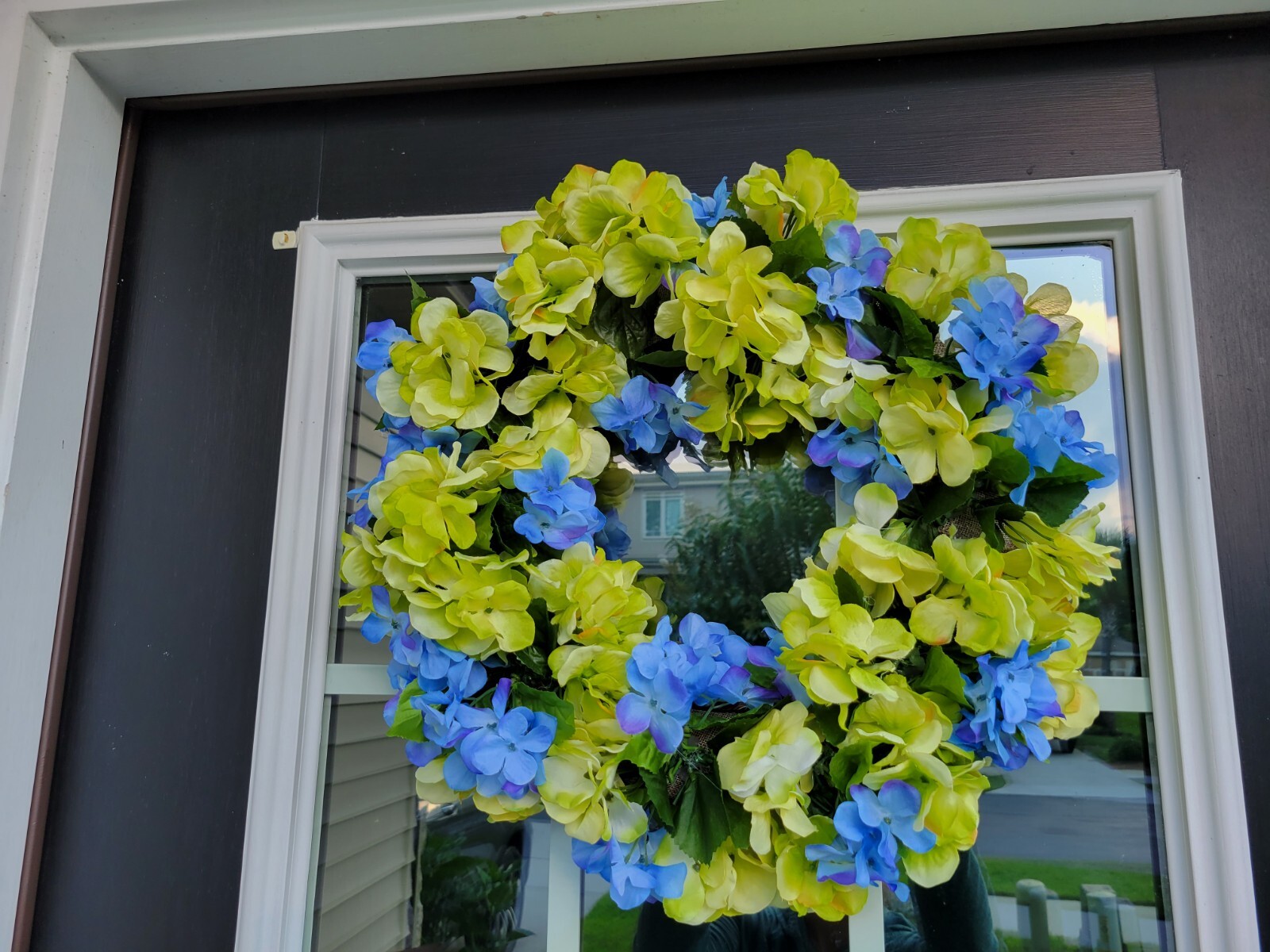 FLORAL one of a kind WREATH flowers Decor Front Door 16″ blue green Hydrangeas
