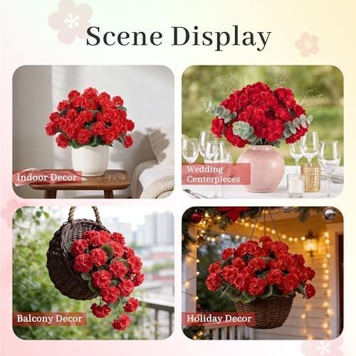 6 Pack Red Artificial Geraniums Flowers for Outdoors UV Resistant Faux Flowers f