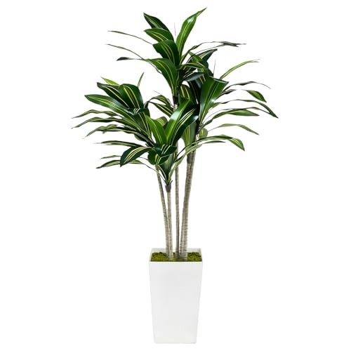 Artificial Dracaena Tree 5FT with White Tall Planter – Faux Tree Dracaena 5ft