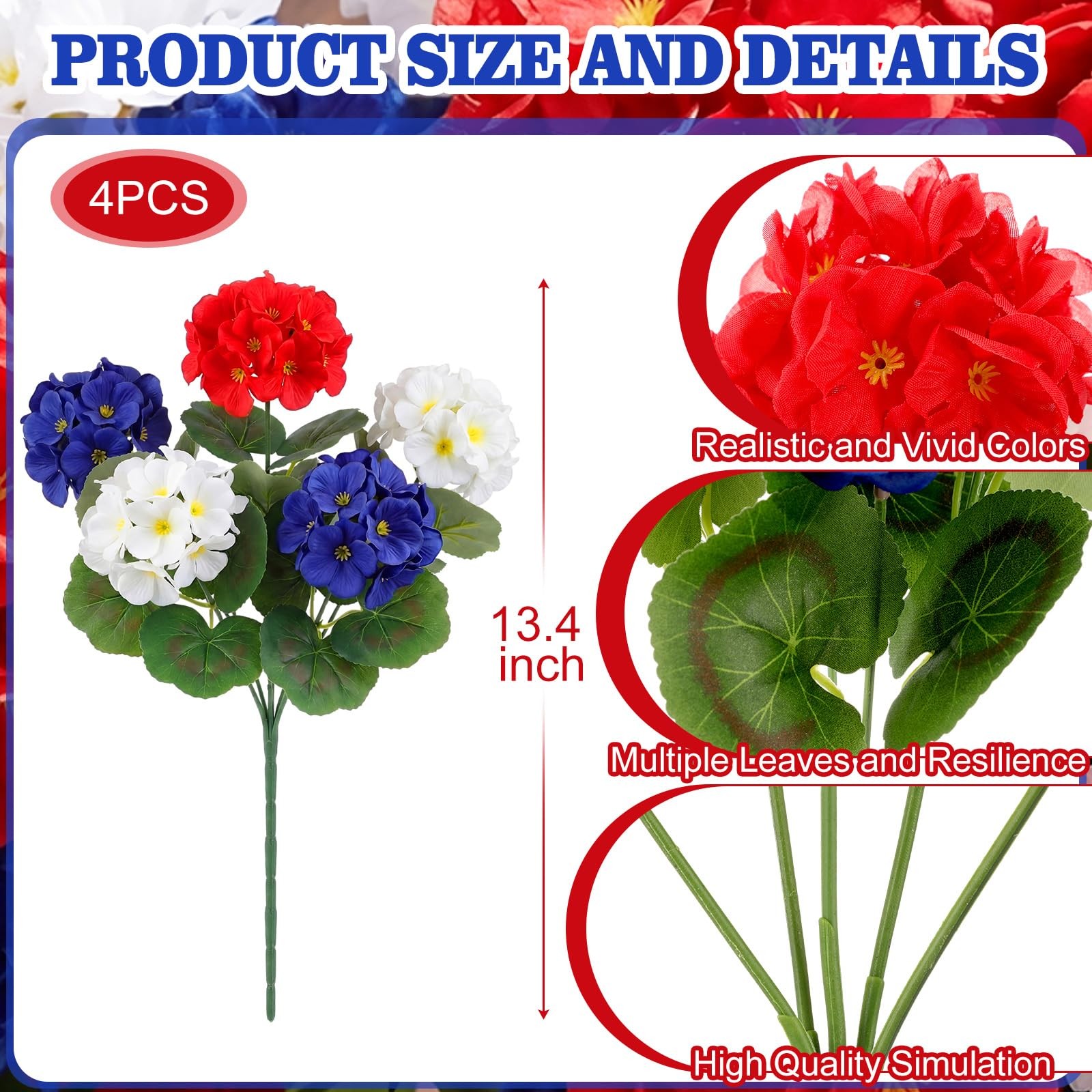 4 Pcs Red White and Blue Artificial Flowers Patriotic Silk Flower 4th of July…