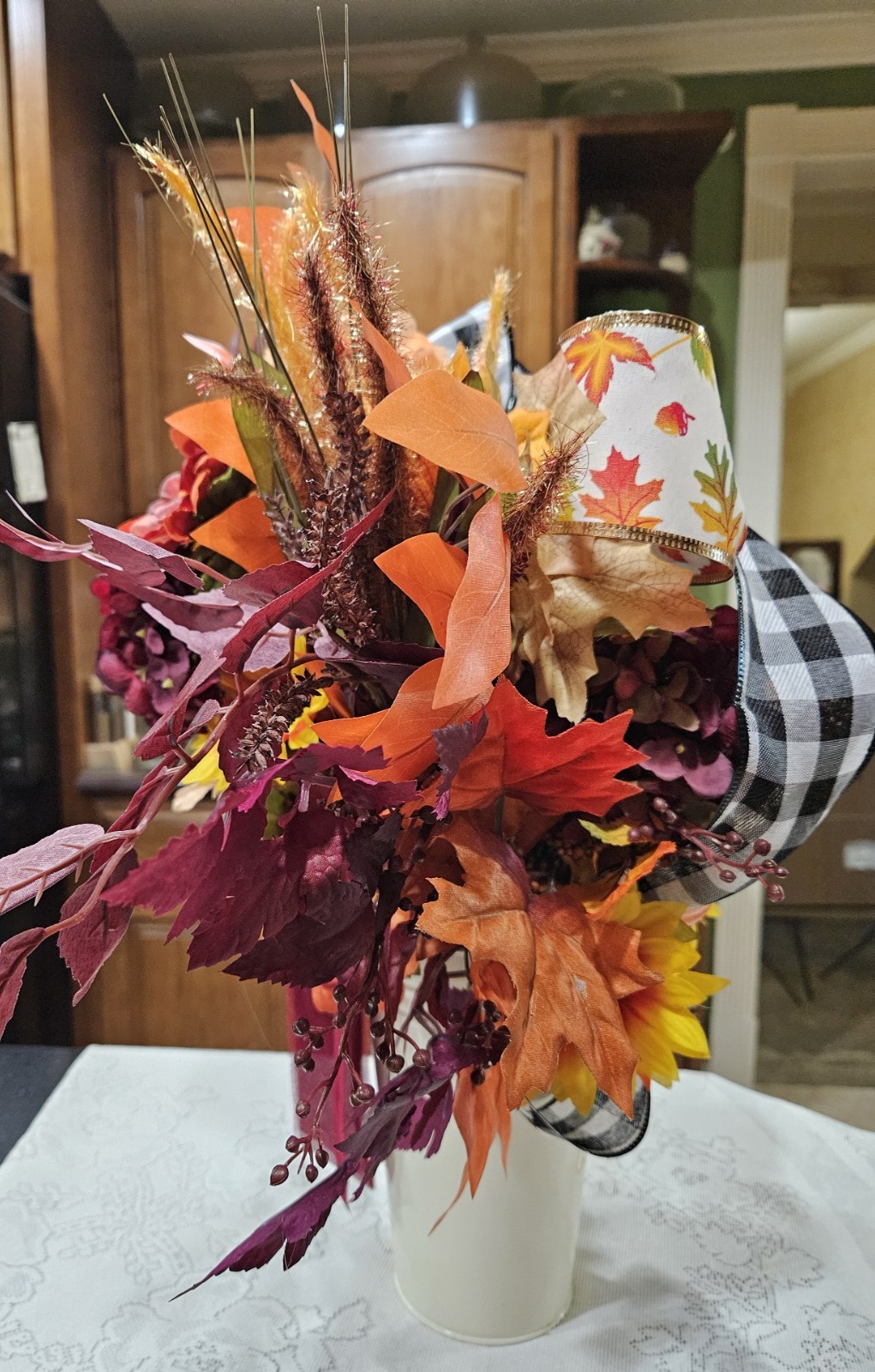 Chic Fall Florals with Ribbons, Bucket Vase, Orange, Cream, Dark Red