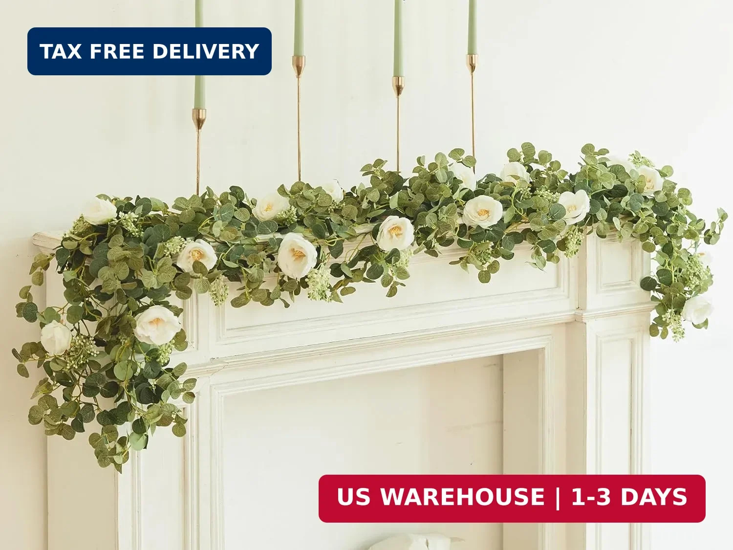 PARTY JOY 6.56ft Eucalyptus Garland with Flowers-8 White Roses, Artificial Fake