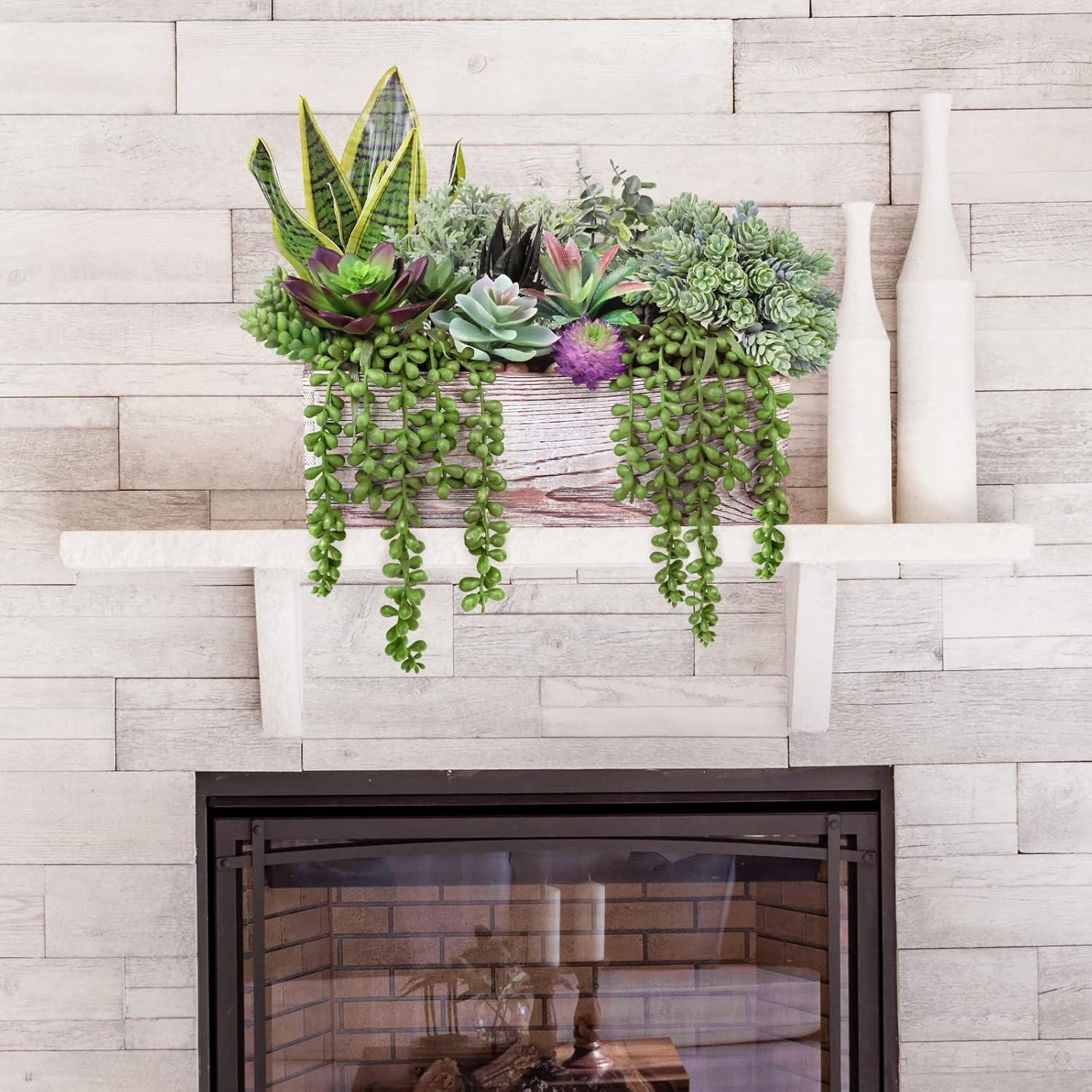 14 Pcs Assorted Artificial Succulents in Wooden Pots for Home Decor