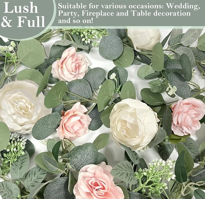 2 Pack Artificial Eucalyptus Flower Garland with 16 White Peony Pink Rose, 13…
