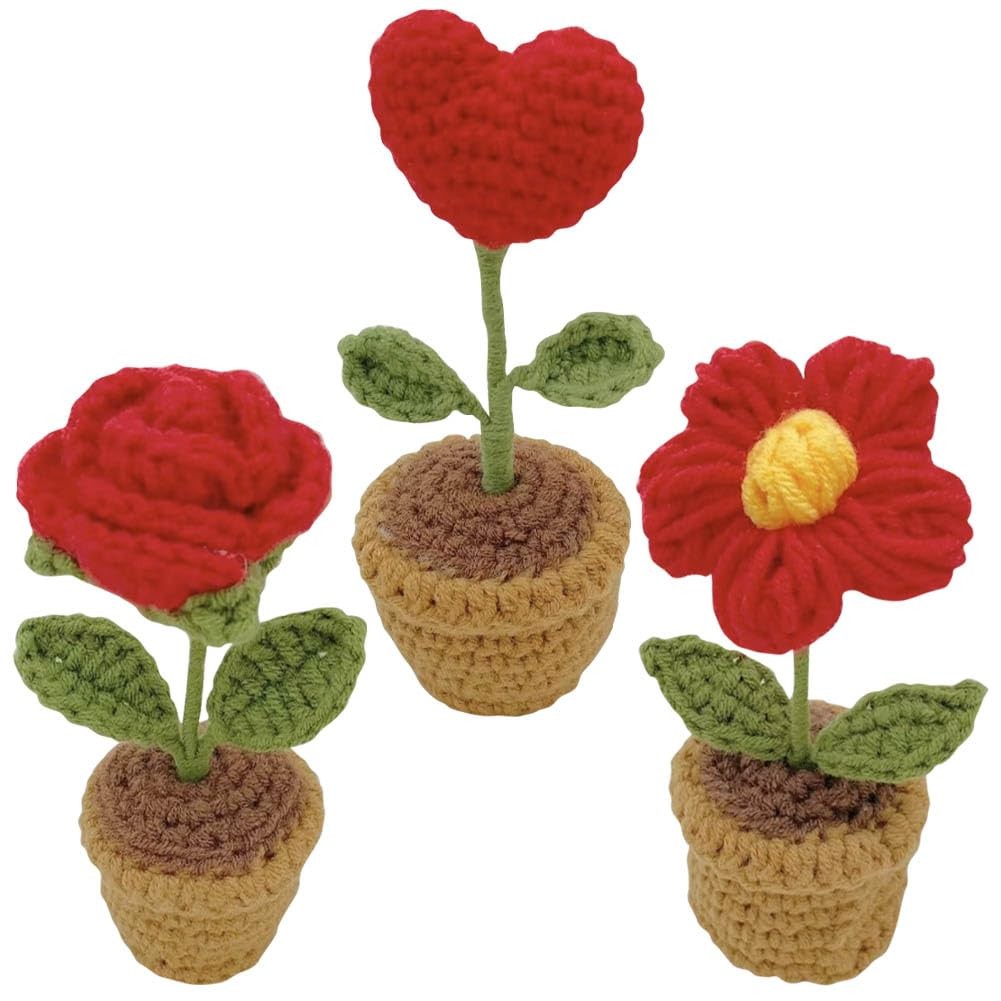 3 PCS Mini Crochet Red Rose Potted Plant Hand Knitted Rustic Table Decor Home