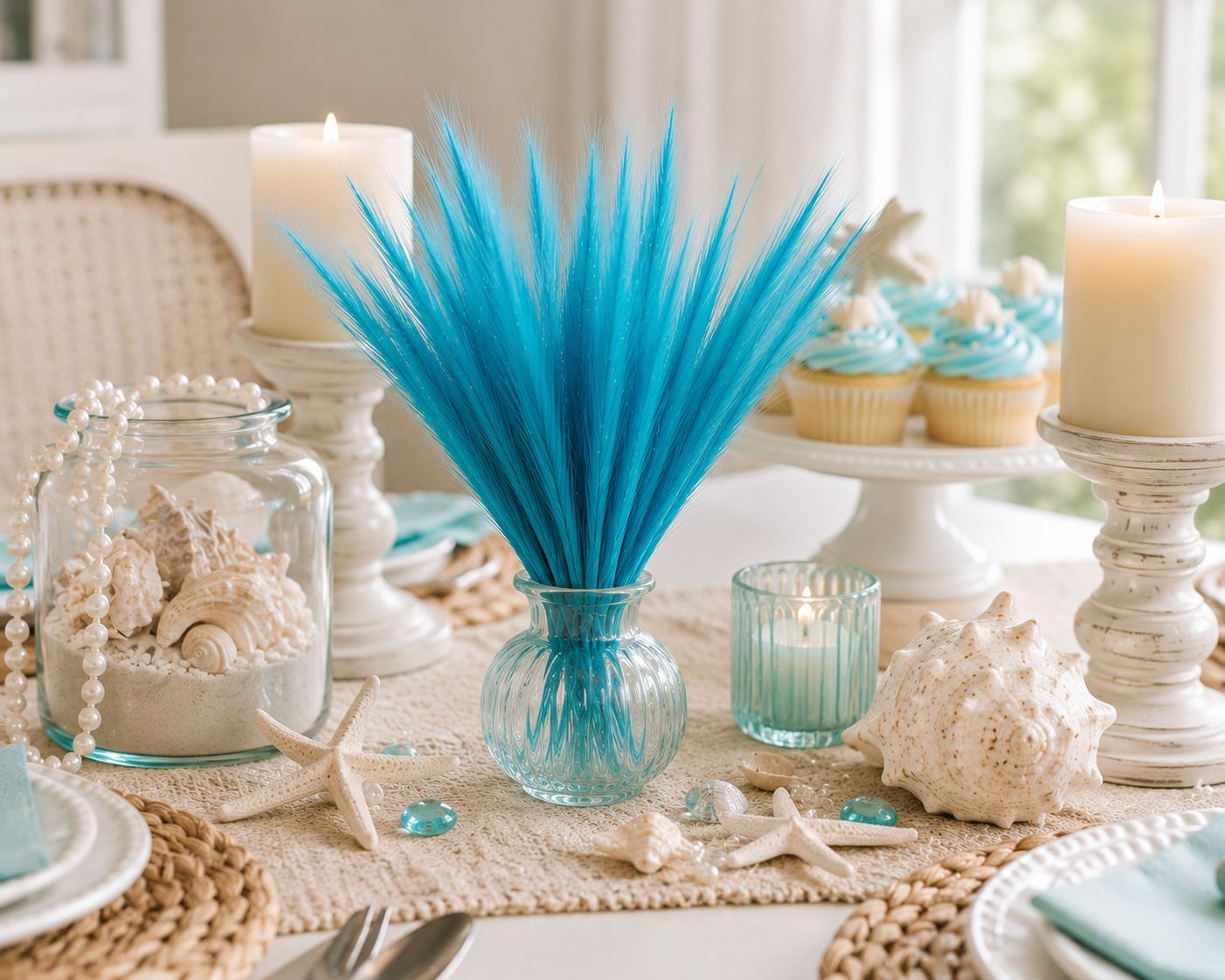 Turquoise Blue Artificial Pampas Grass 16 Inch 13 Stem Bunch, Wispy Coastal Vase