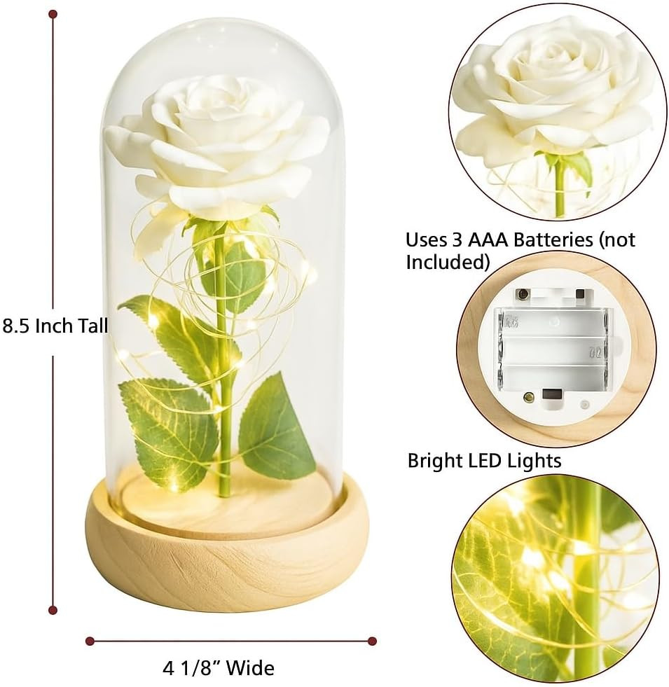 Eternal White Rose in Glass Dome with LED Lights – Light up Artificial Rose Déco