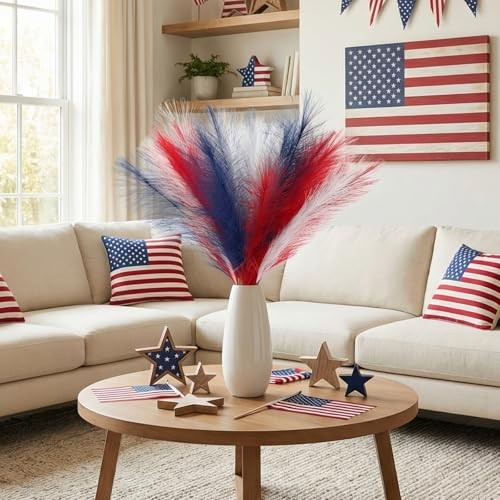 50pcs Faux Pampas Grass Decor, 21.6″ Short Artificial 50 PCS Red Blue White