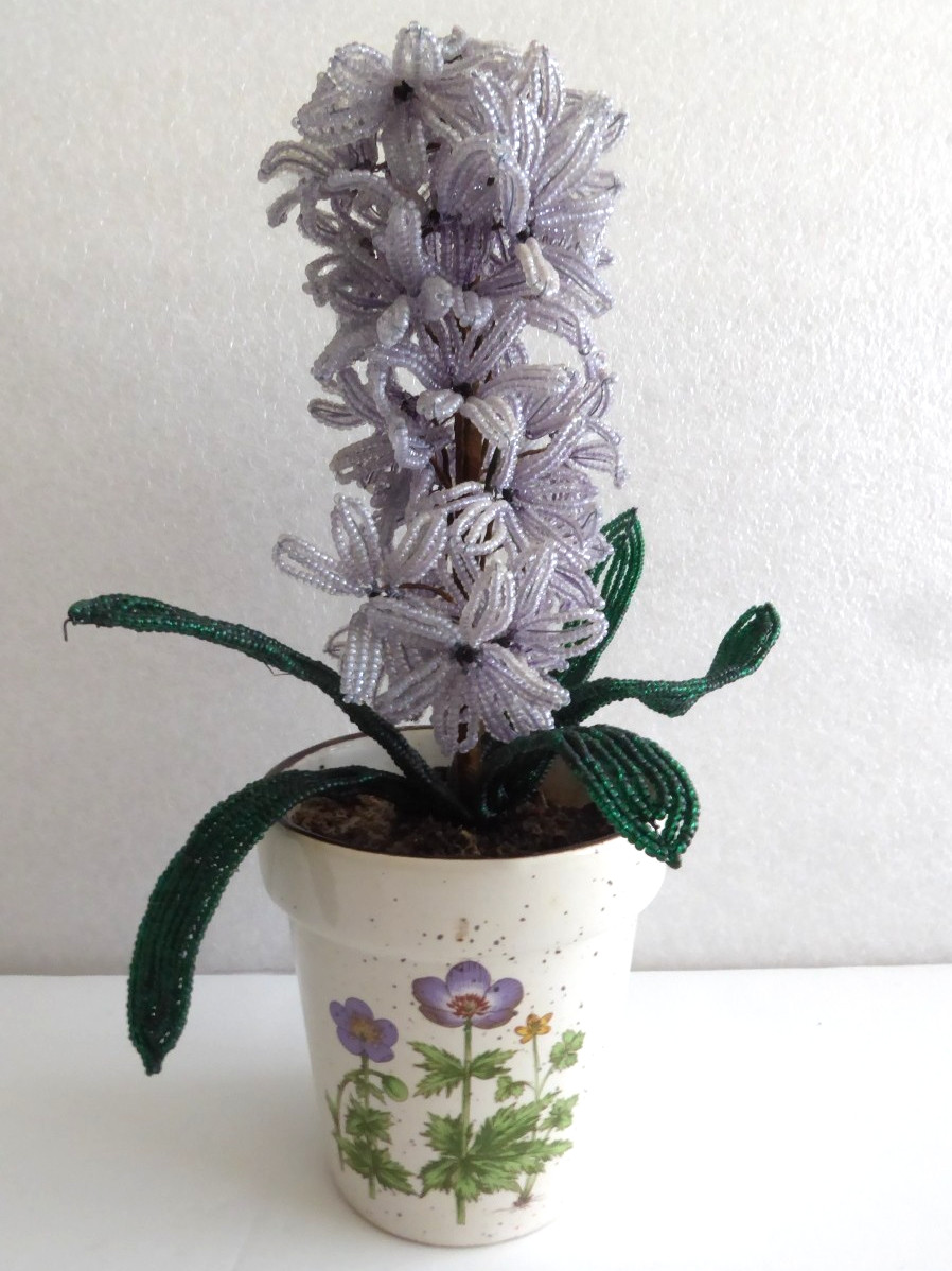 Vintage French Micro Seed Glass Beaded Lilac Color Hyacinths Flower in Pot 9.5″
