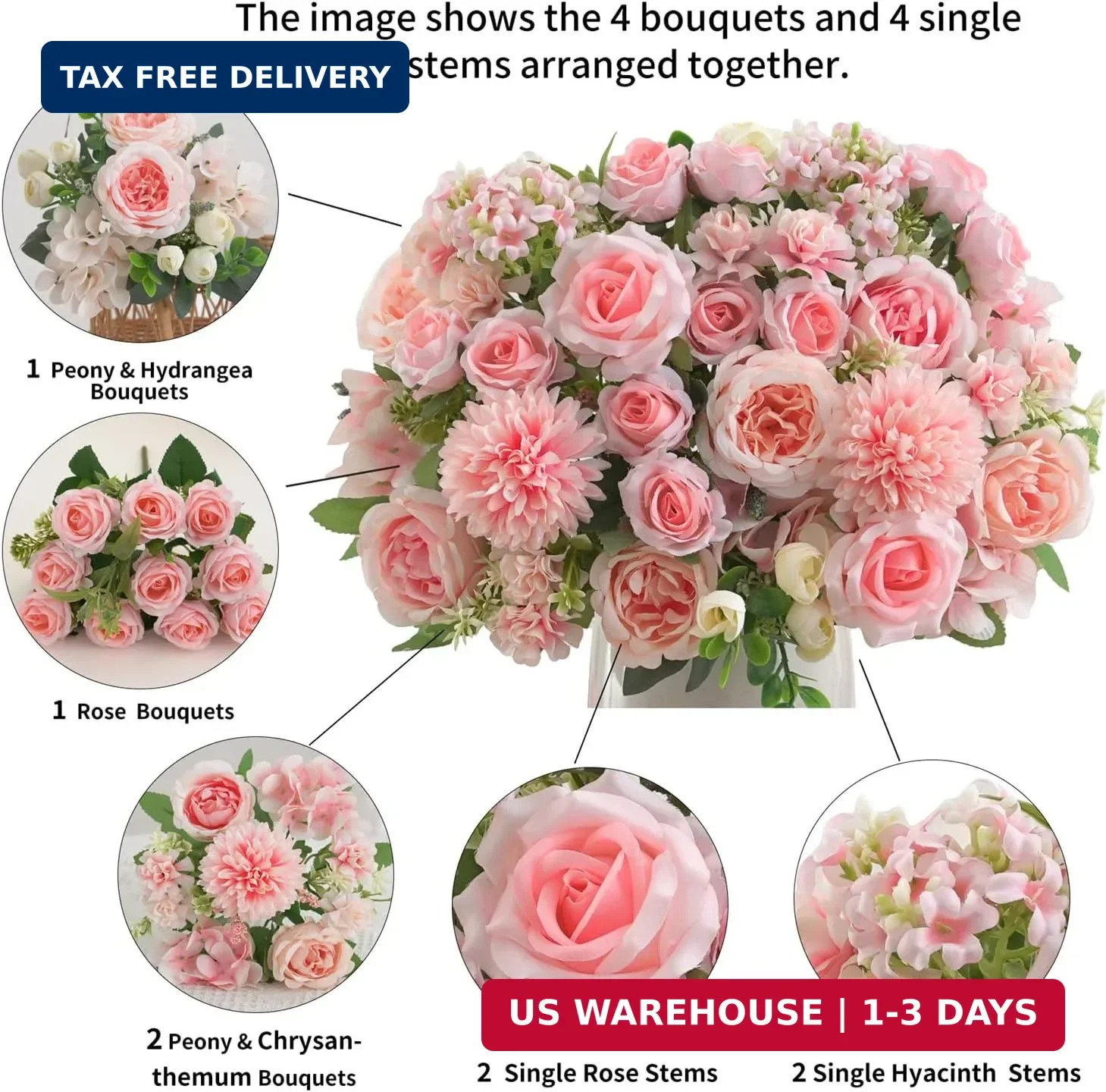 8 Pcs Mixed Artificial Peony Flowers Set-4 Bouquets & 4 Stems, Pink Fake Peony R