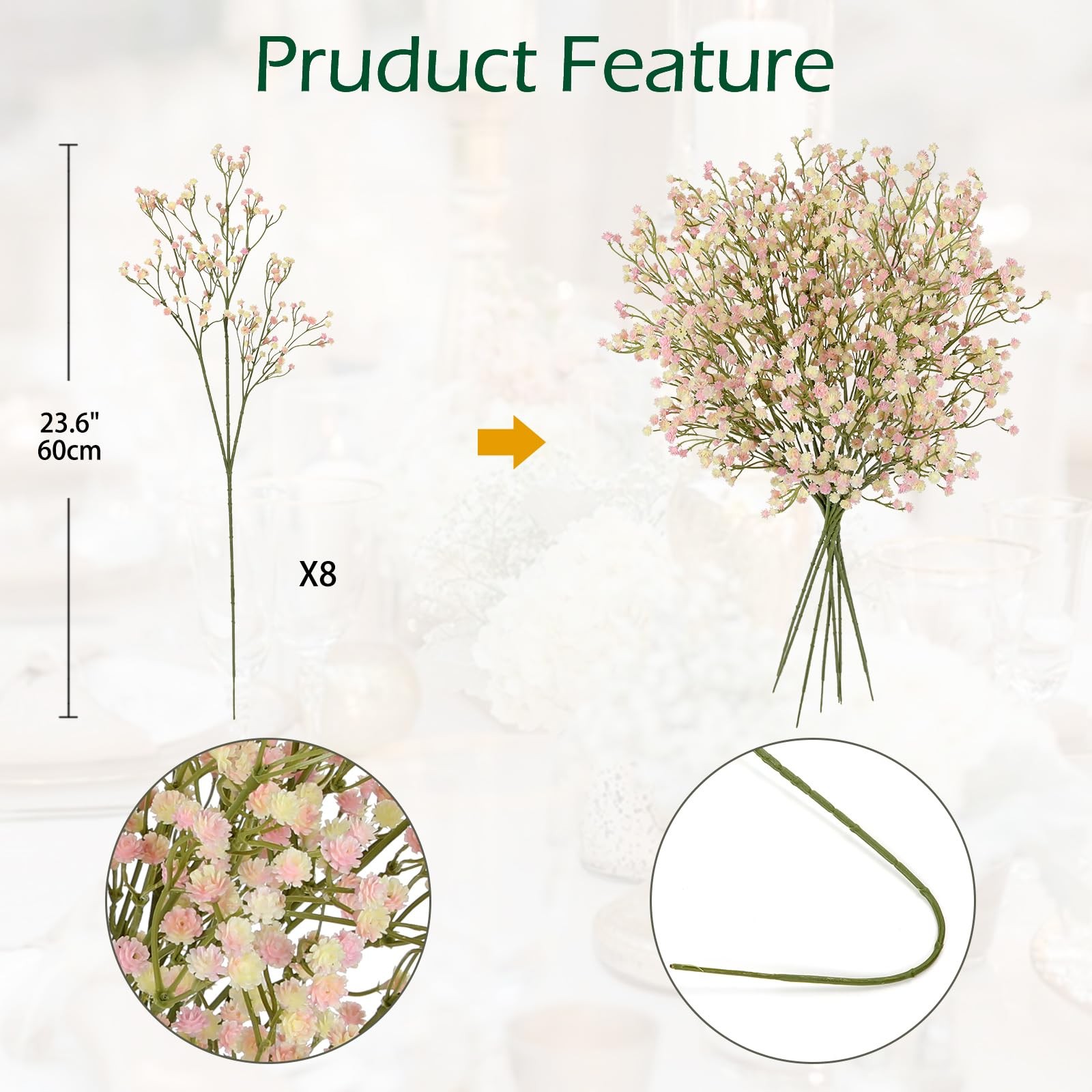 DILATATA Pink Baby’s Breath Artificial Flowers 3 Branches 8 Pack Wedding Home