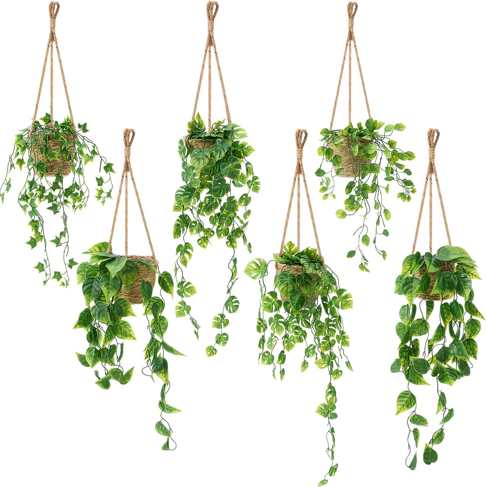 6 Set Mini Fake Hanging Plants with Woven Basket Boho Artificial Ivy Faux Vin…