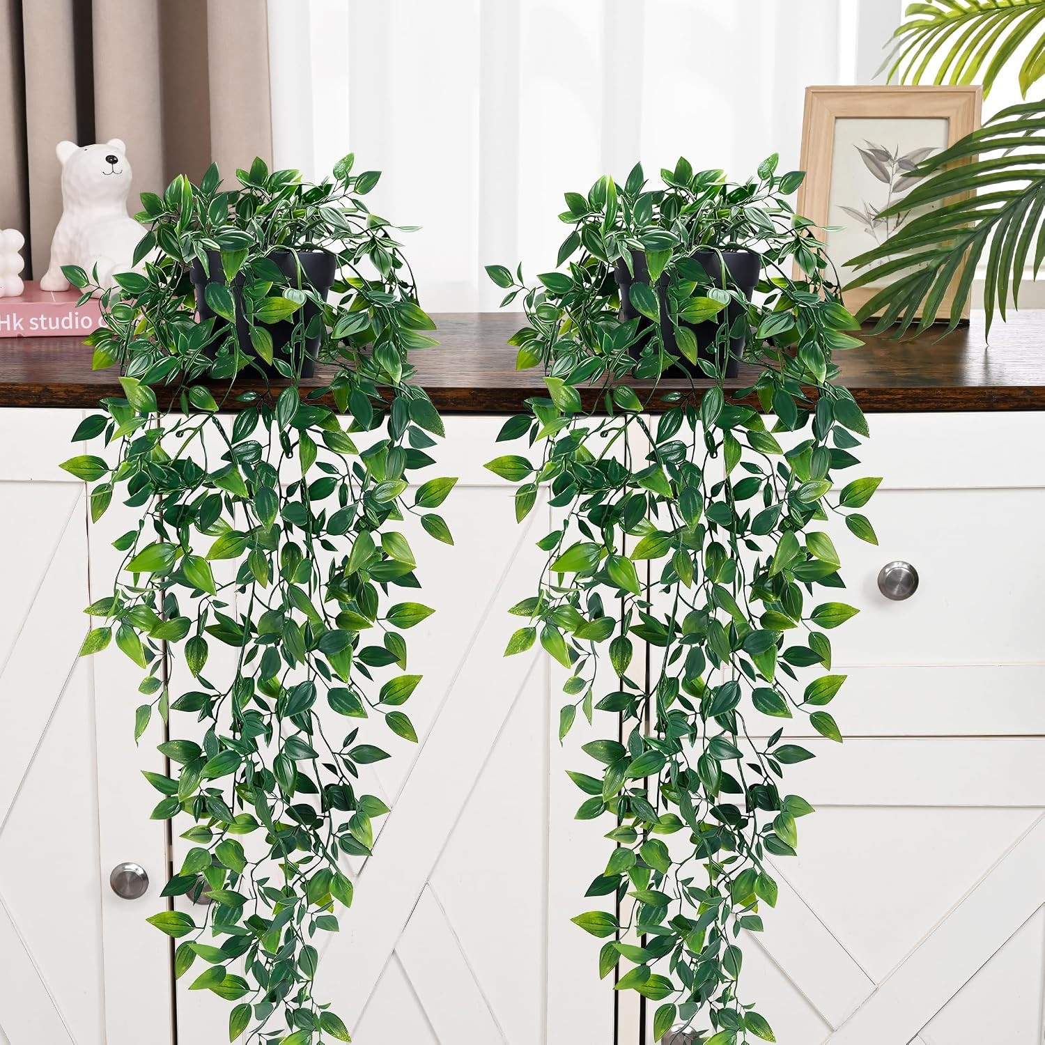 2Pcs Fake Hanging Plants with Pot Deep Green Eucalyptus Leaves UV Resistant Fake