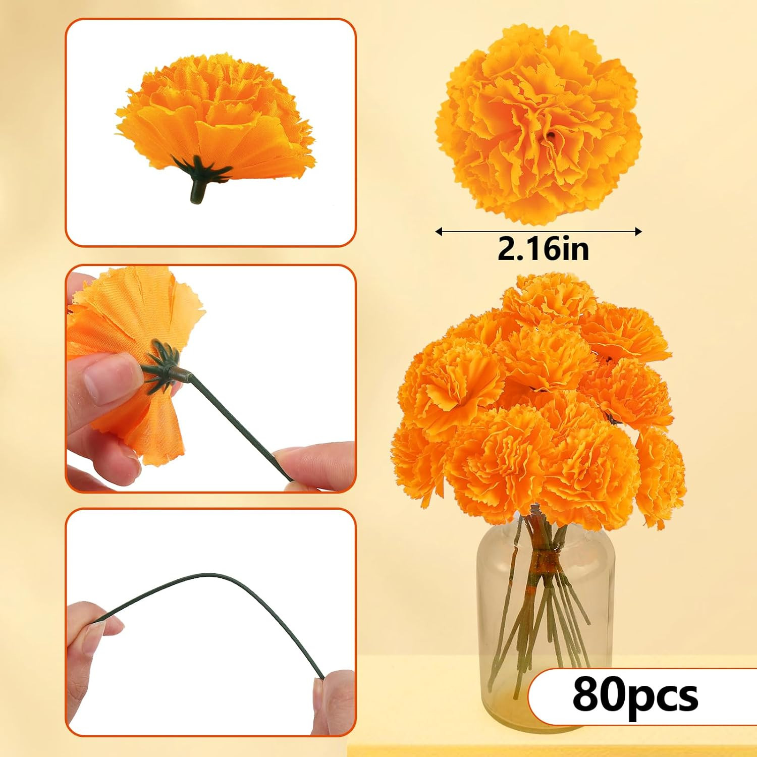 80 Pcs Artificial Marigold Flowers, 2 Inch Silk Marigolds Bulk with Stems, Orang