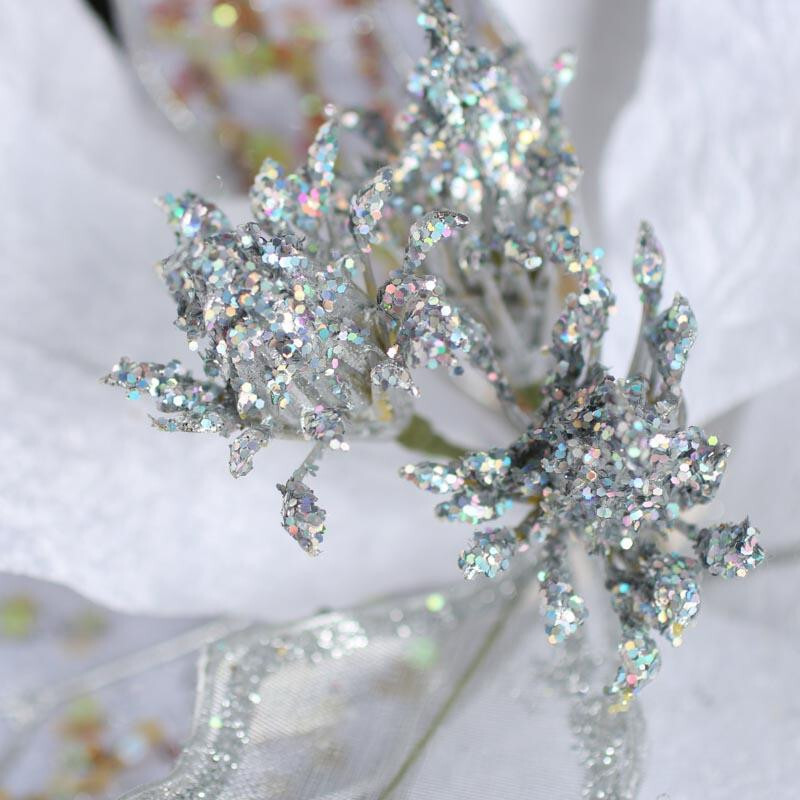 16″ Silver and White Velvet and Mesh Artificial Magnolia Leaf Stem