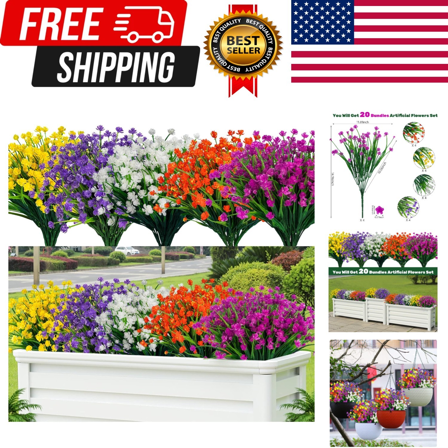 20pcs Artificial Fake Flowers,Plastic Flowers for Outdoor Decoration, UV Resi…