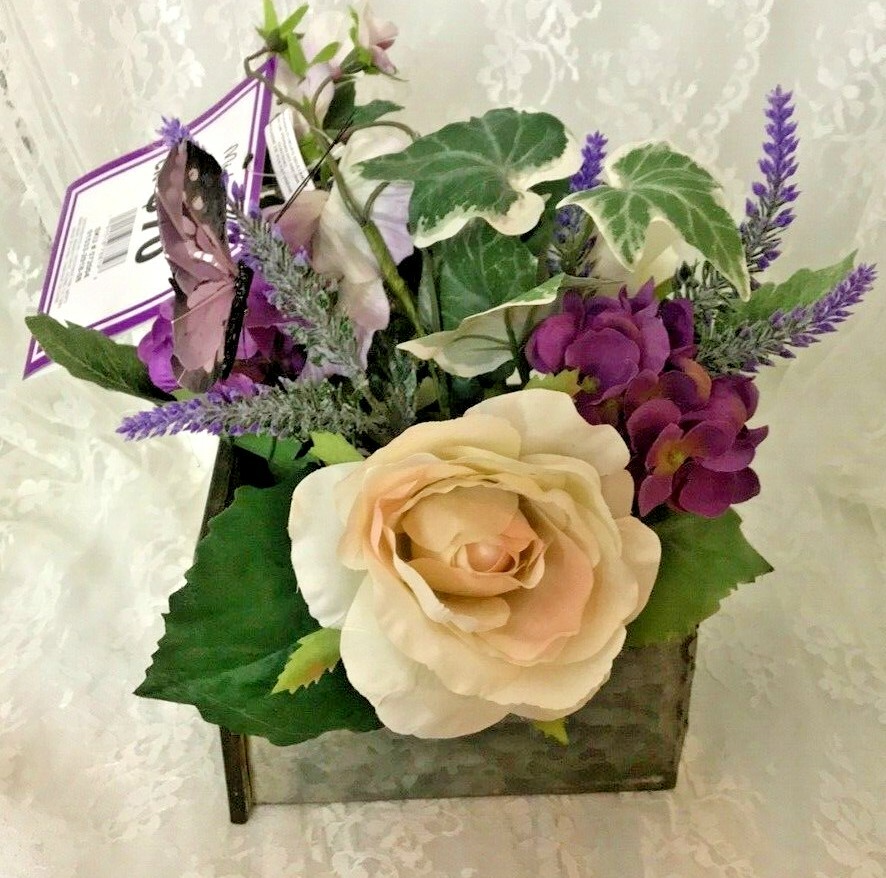 Beautiful Faux Flower Arrangement in Old Metal Drawer Approx 10″ x 8″ x 8″ NWT