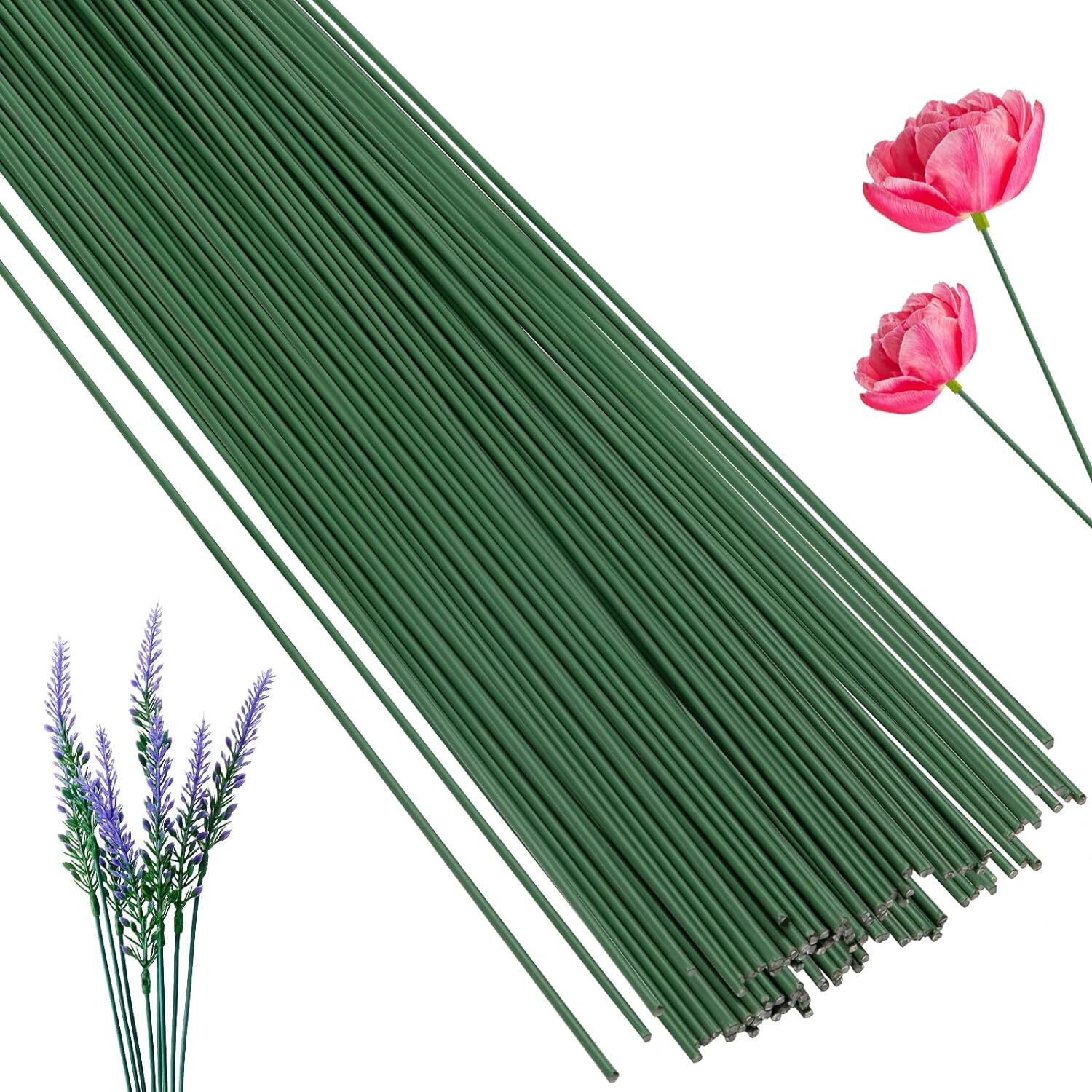 100 Pcs Floral Stems Wire for Paper Flower,14 Inch 2 Gauge Dark Green Floral