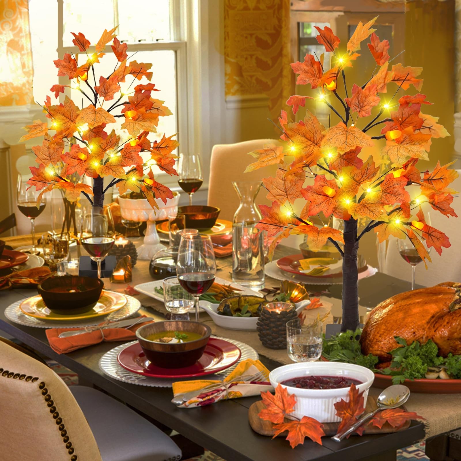 2 PCS 24 Lighted Artificial Fall Maple Tree 48 LED Pine Cones Timer