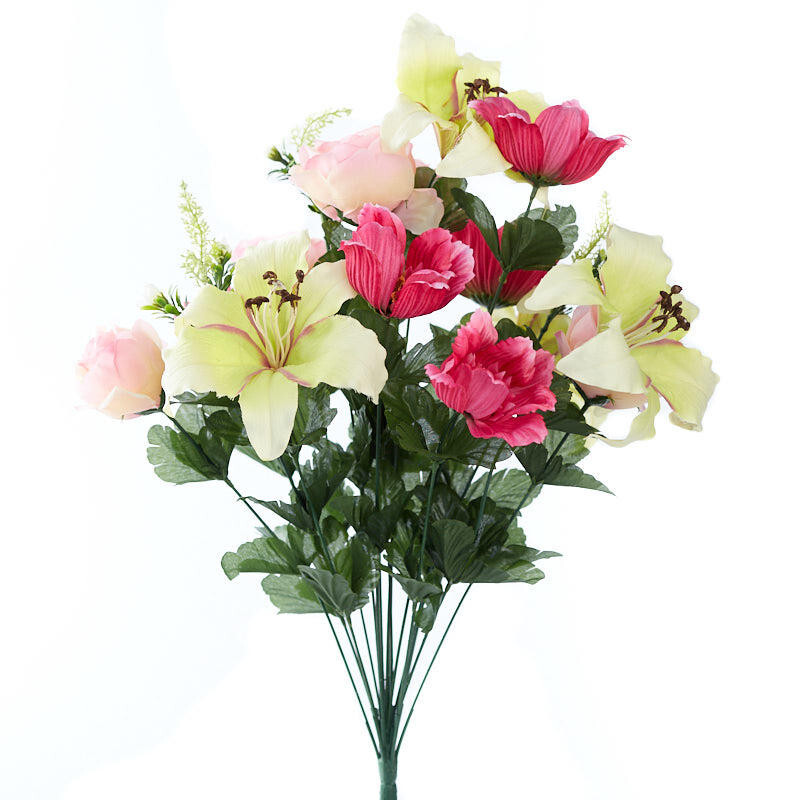 22″ Pink and Green Artificial Rose, Tiger Lily, and Cosmos Bush