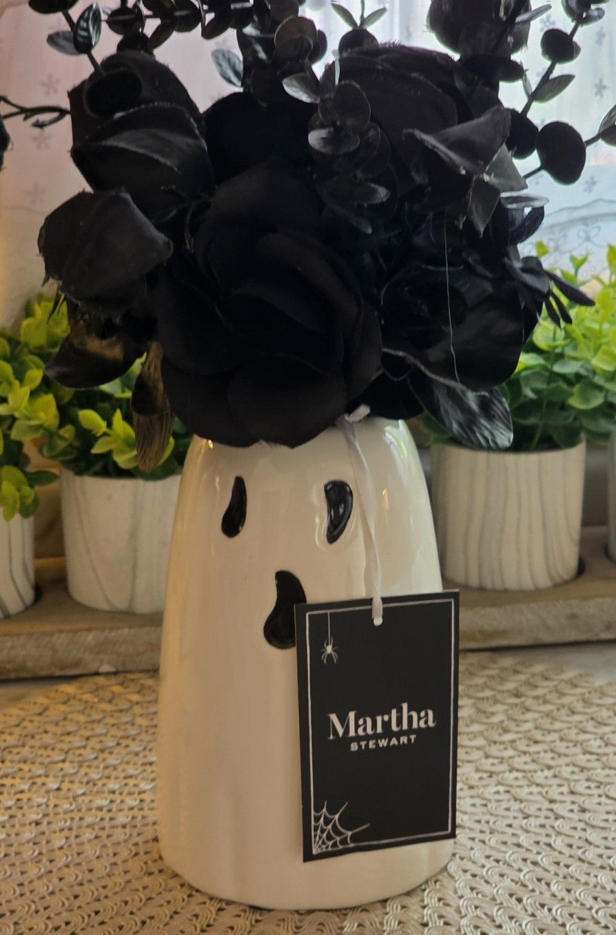 Martha Stewart Halloween Black Flower Floral Arrangement Ghost Vase