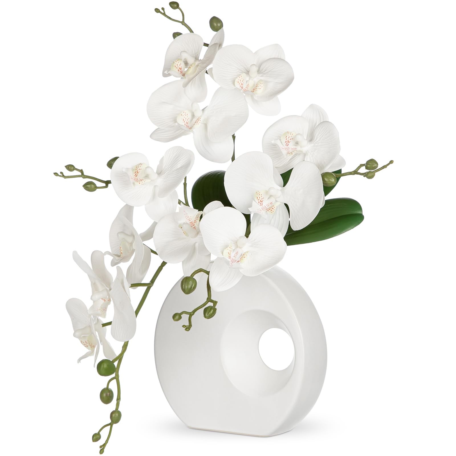 Artificial Orchid White Flowers in Modern Ceramic Vase 15.7 Tall Faux Orchid