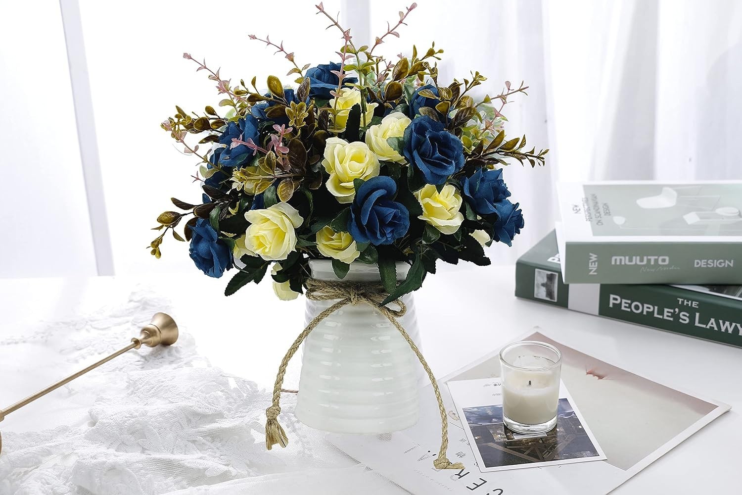 Pack of 5 Silk Rose Bouquets in Ceramic Vase – Perfect Dining Table Centerpiece