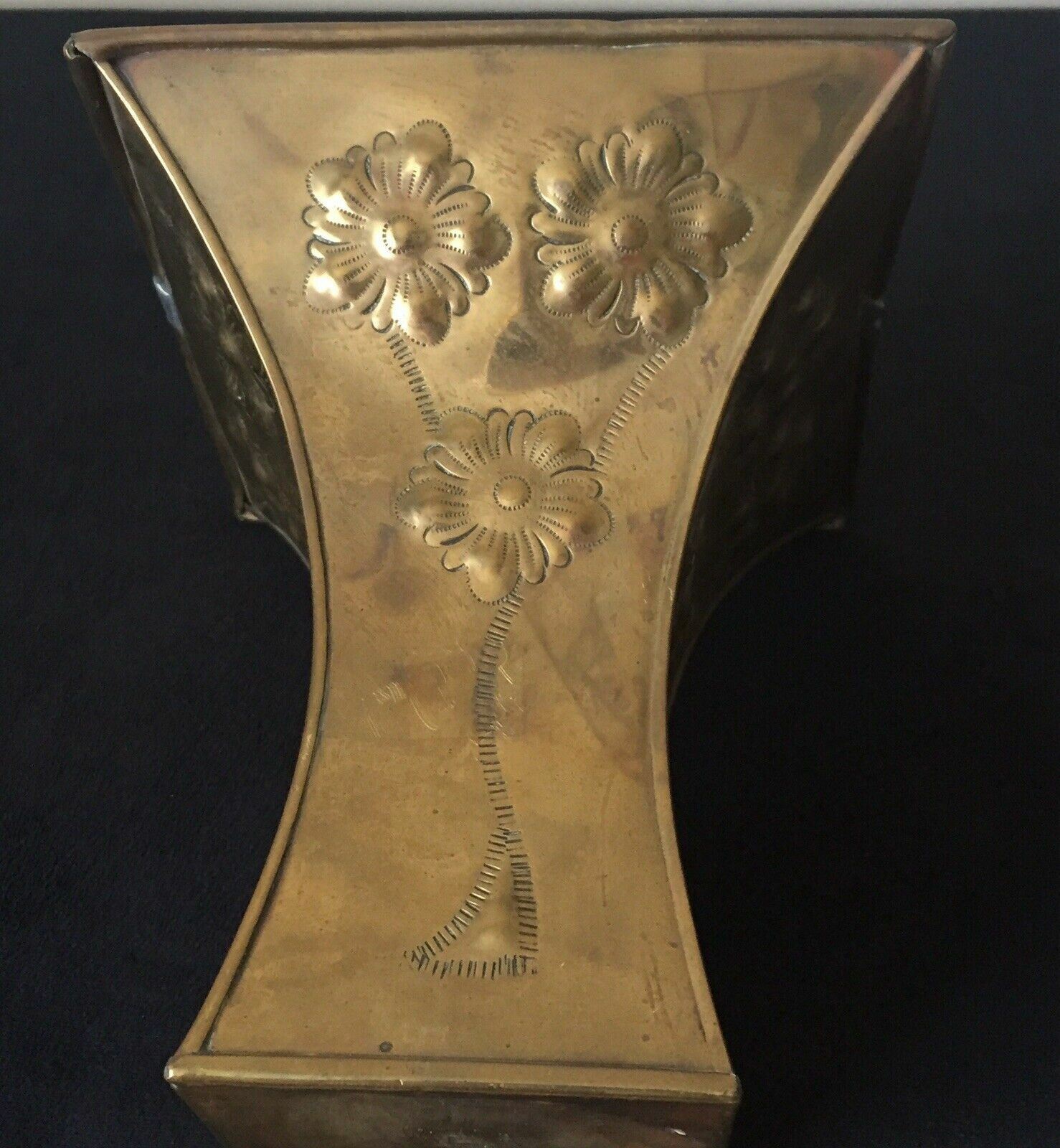 Vintage Planter Container Embossed Flowers on Brass 7″High 6″Square Opening