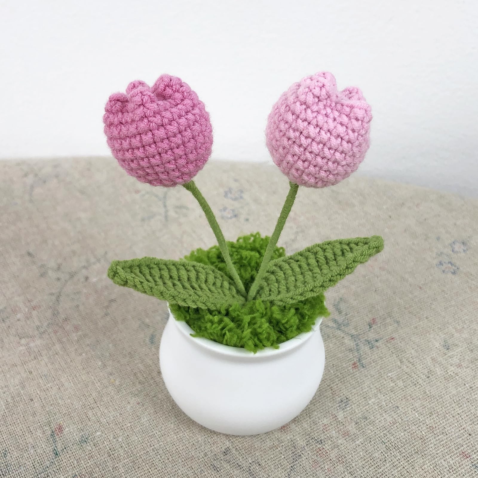 Crochet Flowers, Potted Pink Gradient Tulips, Car Dashboard, Home Office Decor