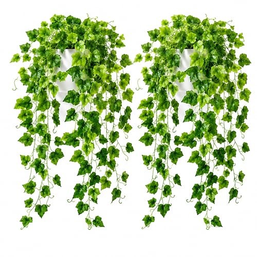 36in Fake Pothos Hanging Plants 2 Pack White Pots Artificial Ivy 168 Leaves