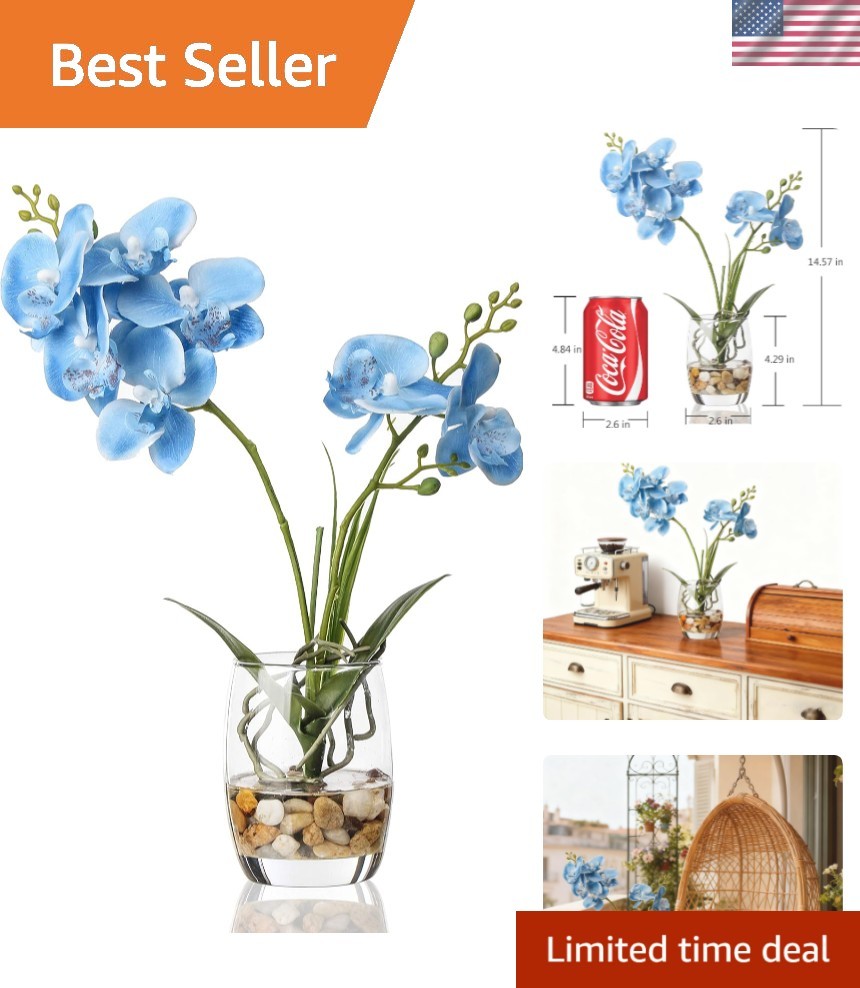 Elegant Artificial Blue Orchid Arrangement in Glass Vase – 14.5 Inch Centerpiece