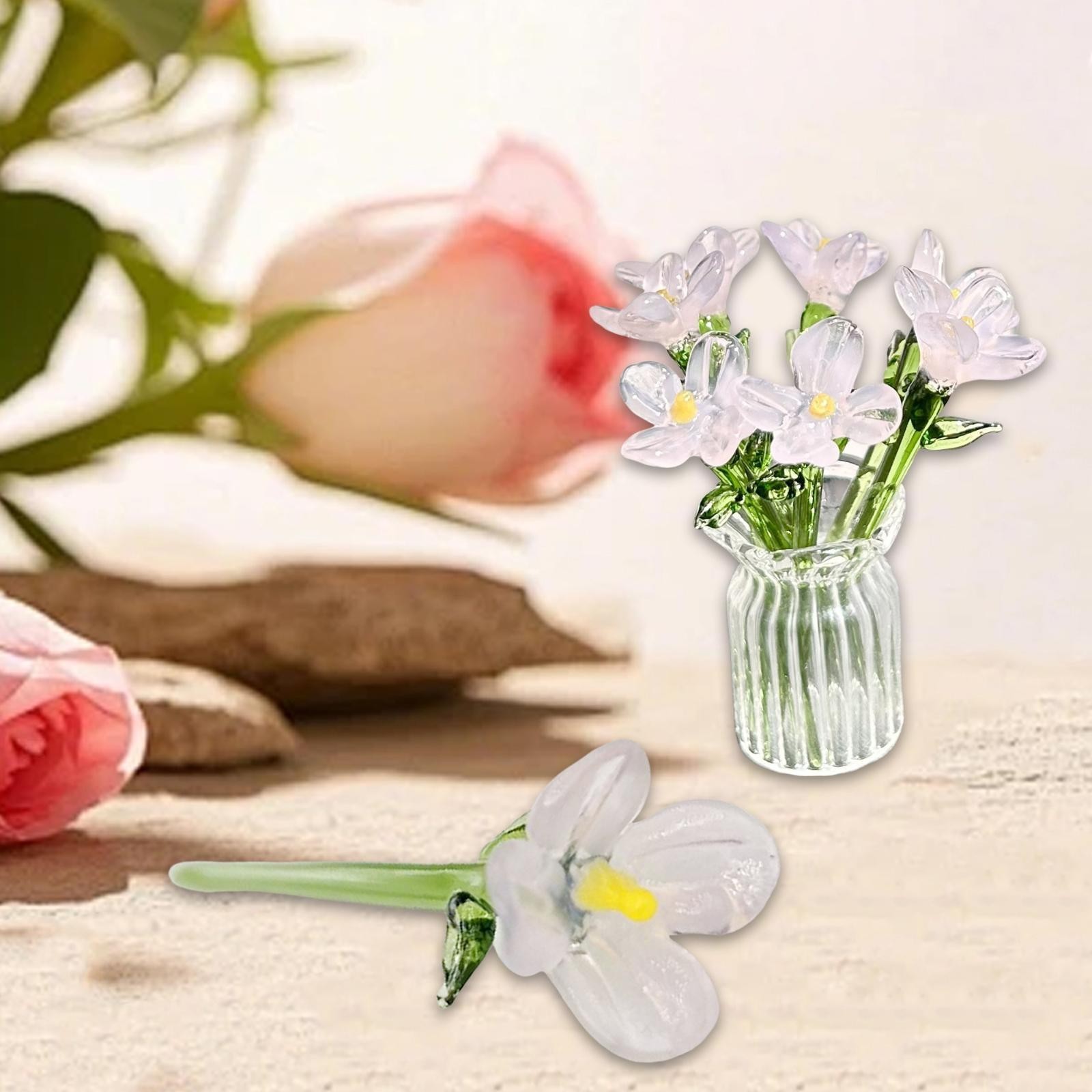 Miniature Hand-Blown Glass Flower Bouquet in Tiny Clear Vase