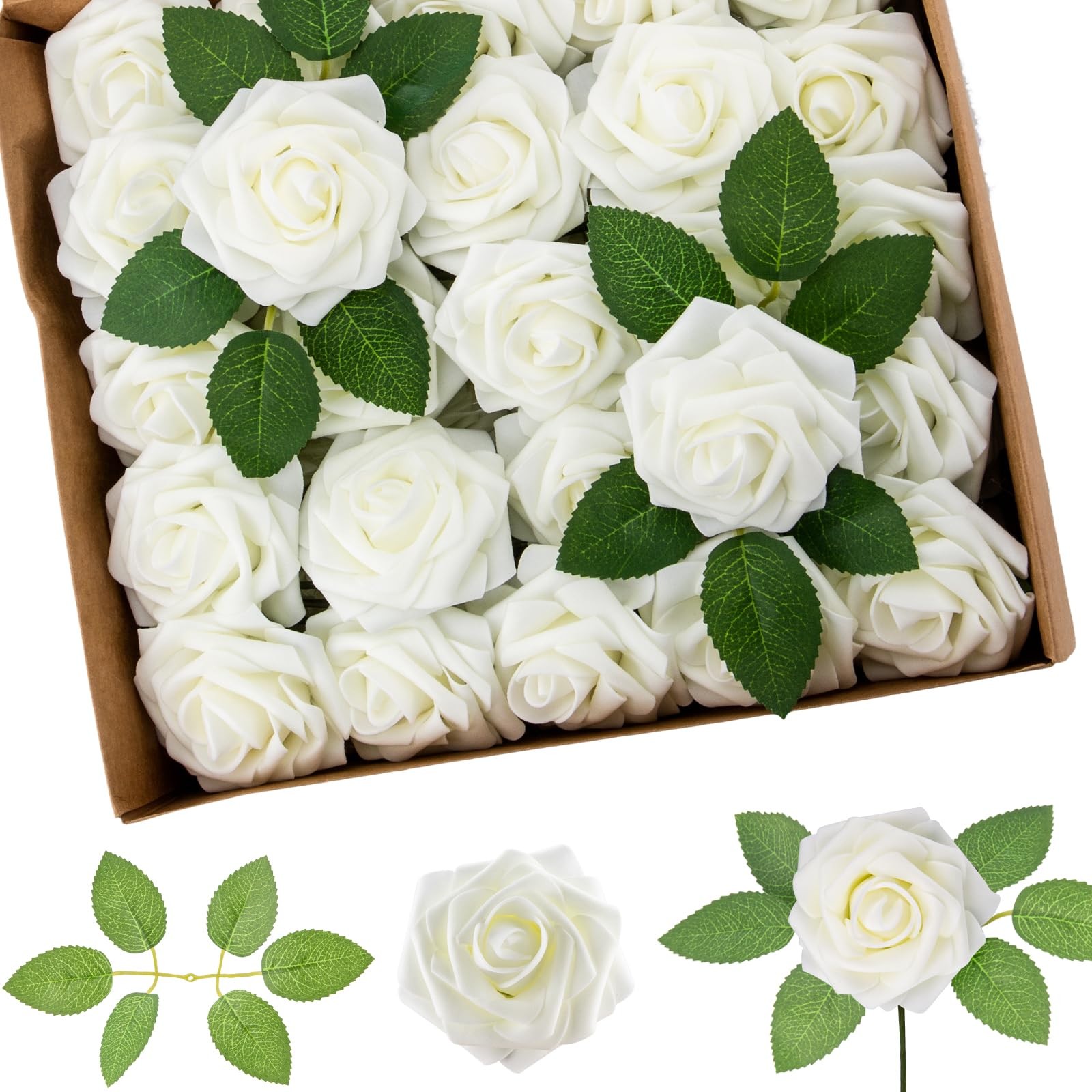 100Pcs Artificial Flowers Ivory White Fake Foam Roses with Stems