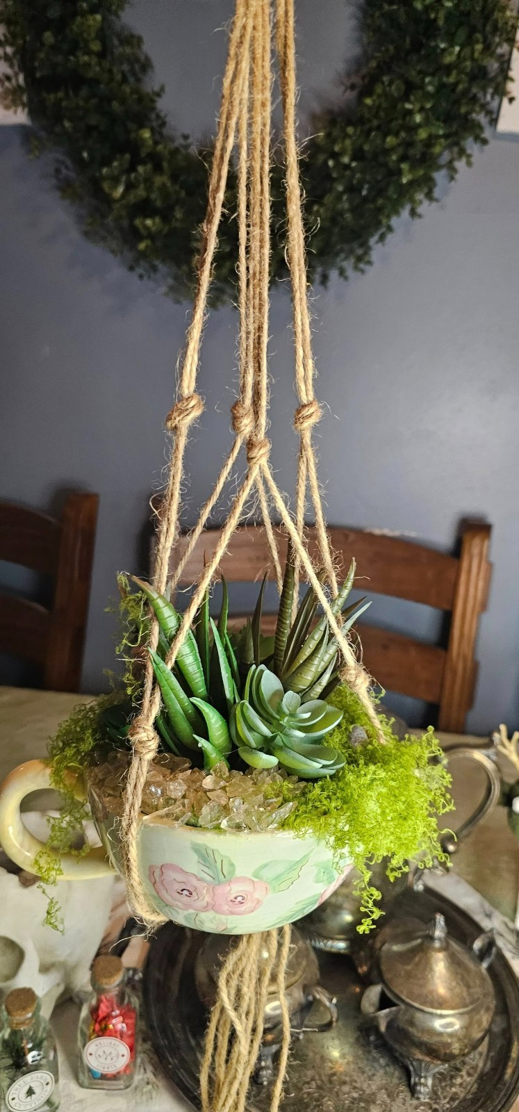 OOAK Upcycled DIY Succulent Tea Cup Fake Artificial Plant Decor Rose Quartz