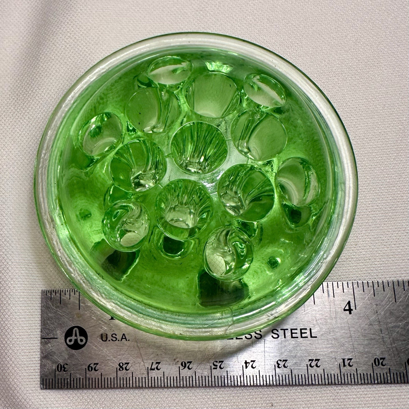 Vintage Vaseline Uranium Glass 13 holes 4 Inch Flower Frog UV Glows Green