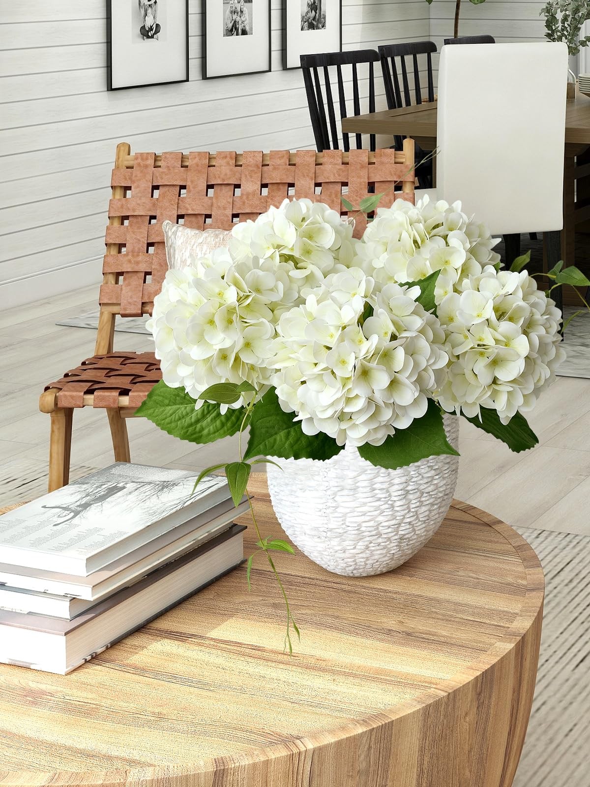 White Silk Hydrangea Artificial Flowers Large Heads With Long Stems Green Leaves