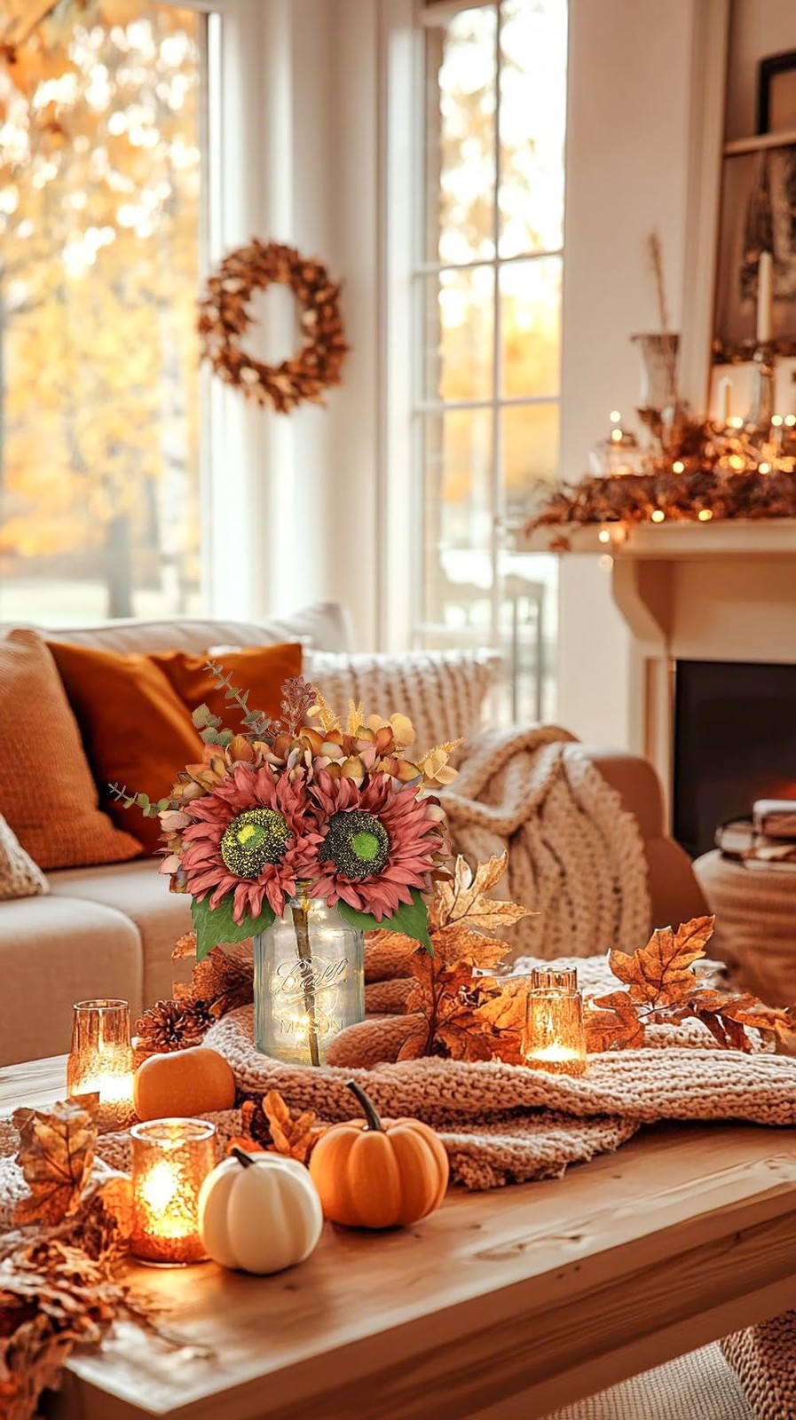 Silk Sunflowers Artificial Flowers with Mason Jar Centerpiece for Table Orang…