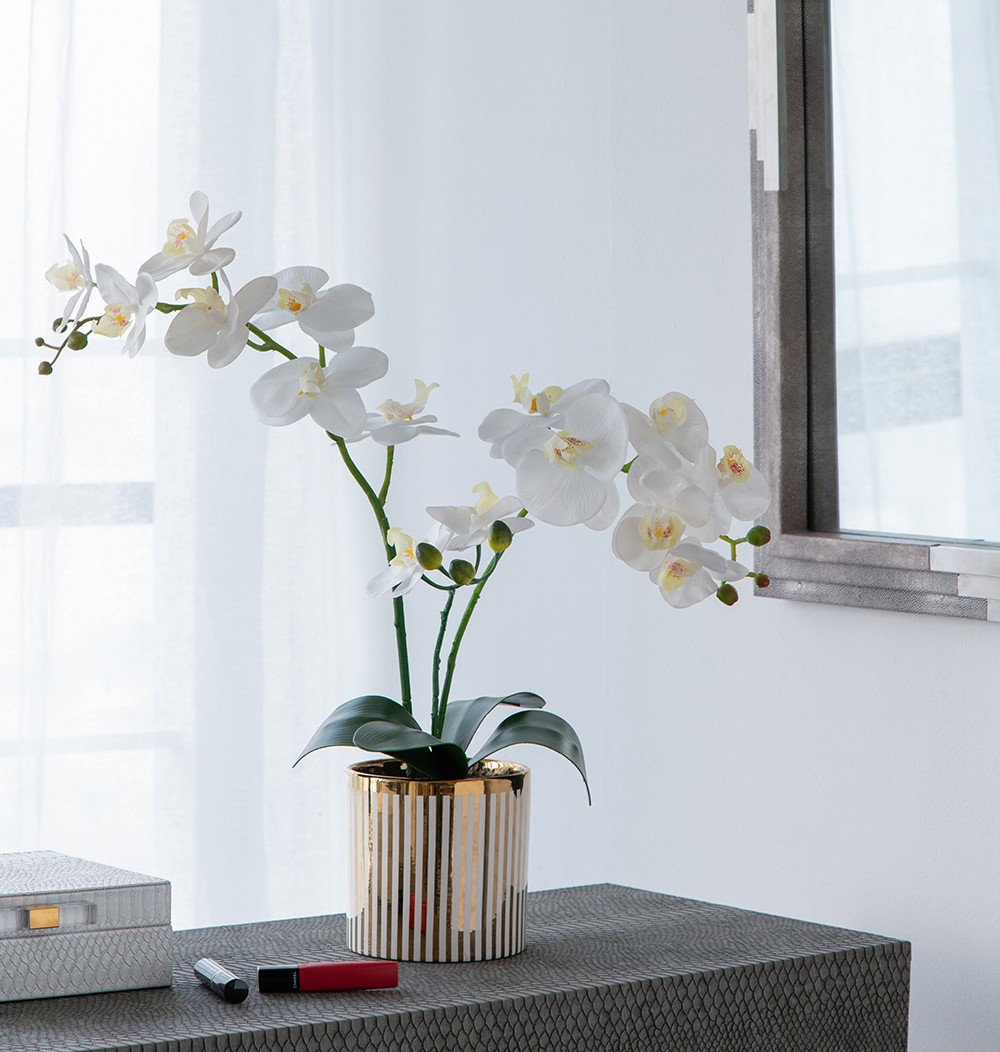 Artificial White Orchid Plant in Gold Striped Pot 20.5″H