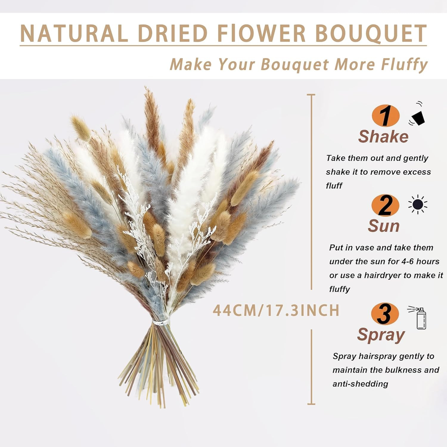 Natural Dried Flower Bouquet – 17″ Boho Style Mixed Pampas Grass Ideal for Home
